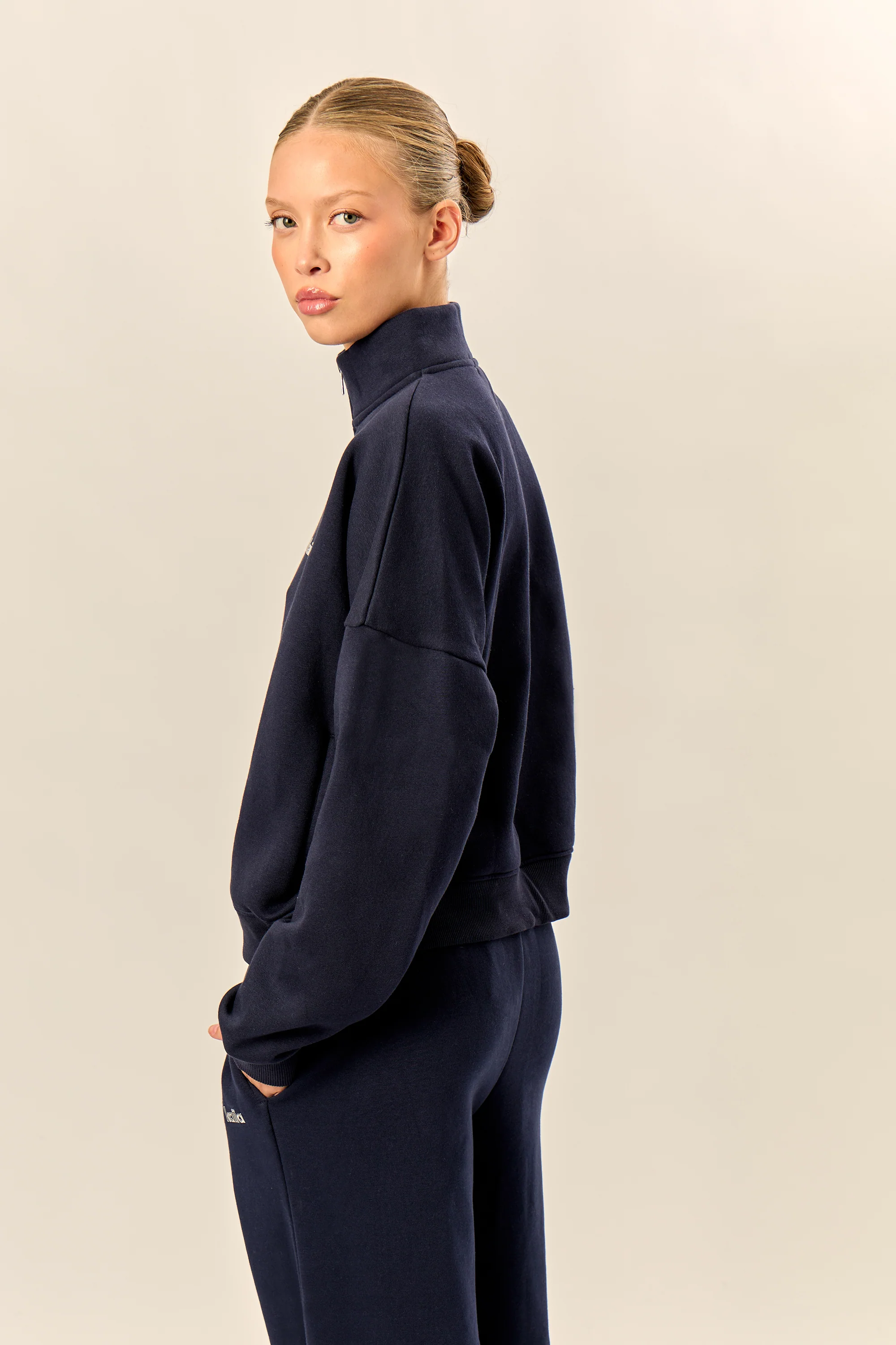 Kaiia Chrome Logo Oversized Quarter Zip Sweatshirt Navy - Image 9