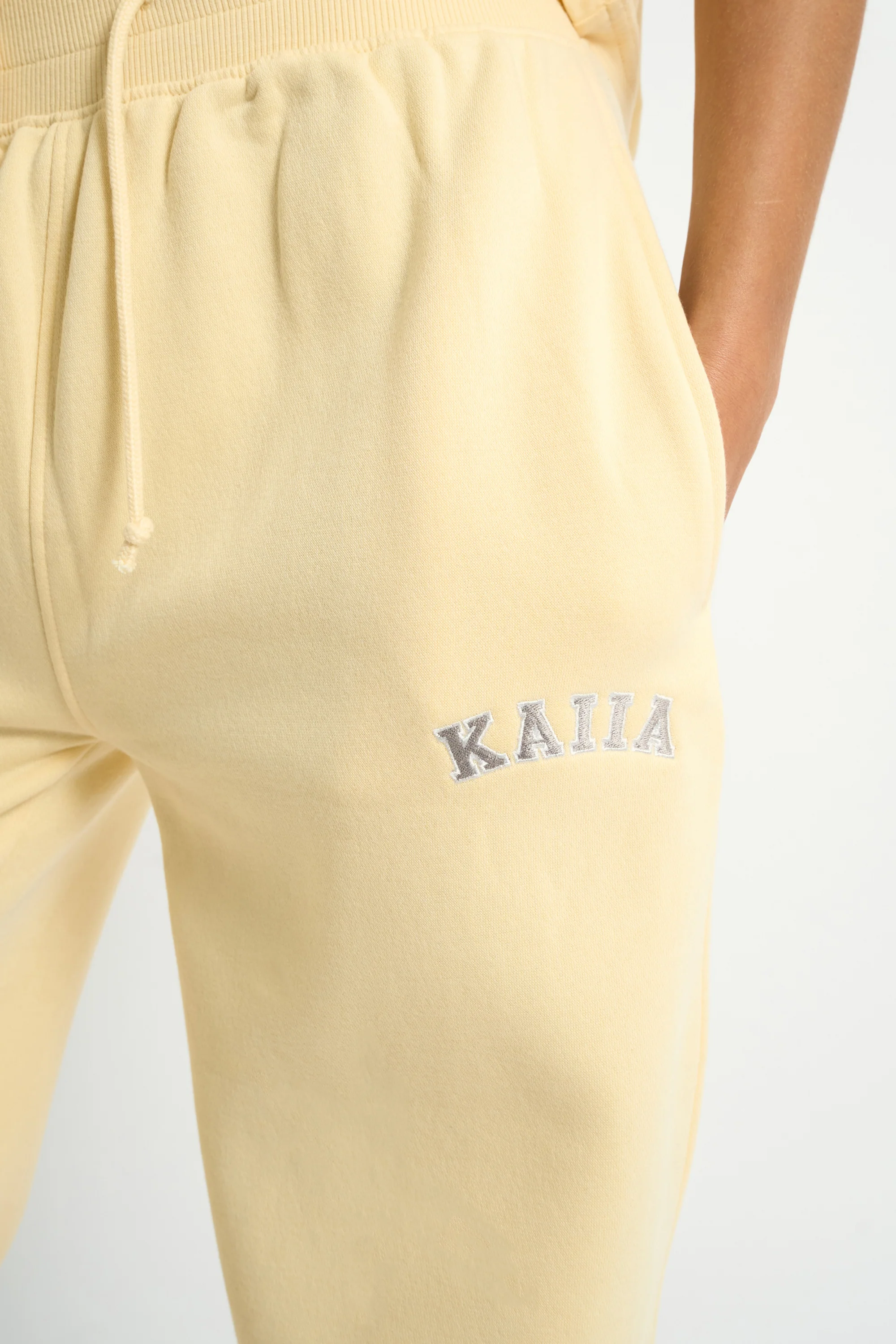 Kaiia Ribbed Waistband Wide Leg Joggers Soft Yellow - Image 4