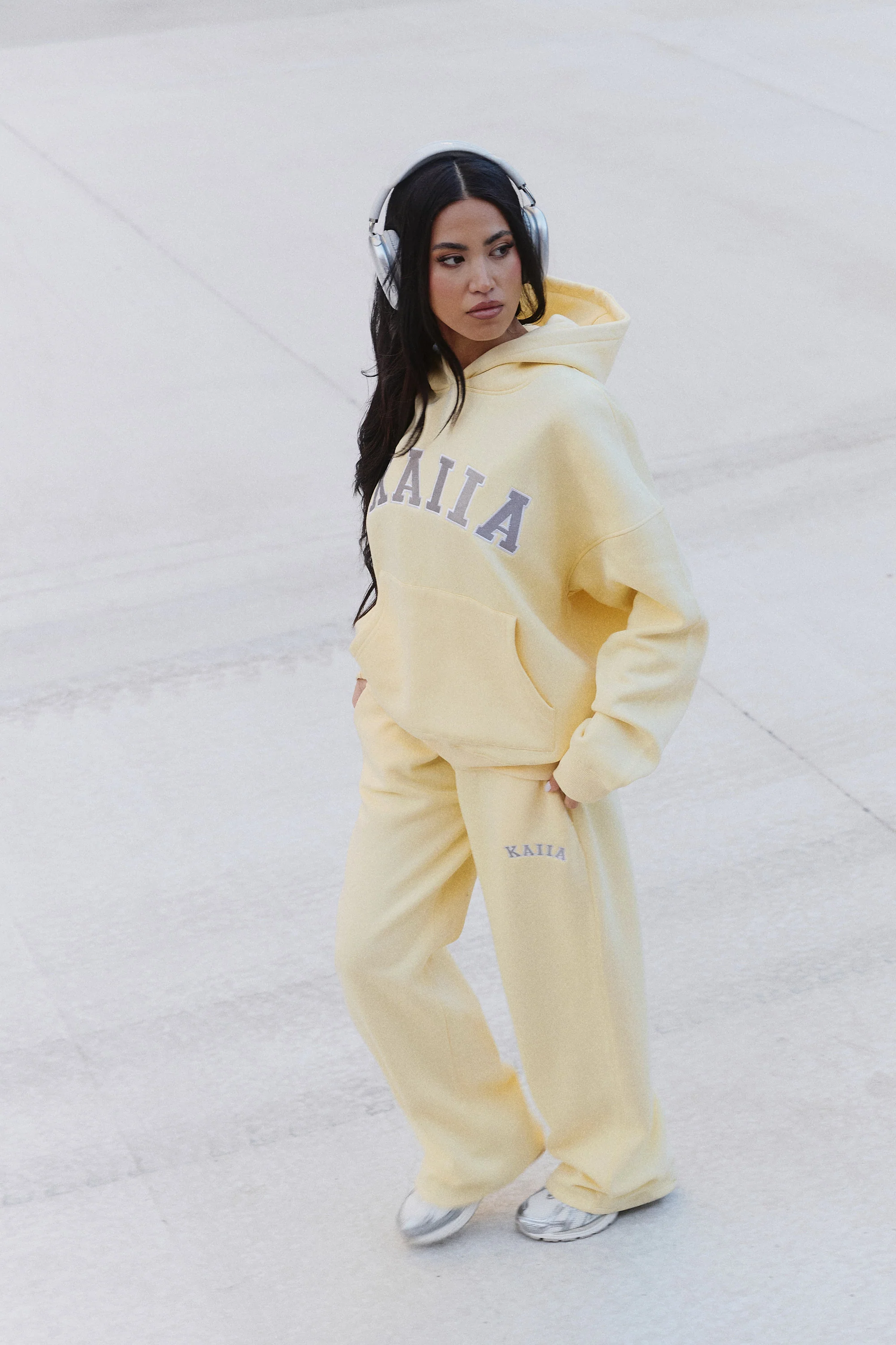Kaiia Ribbed Waistband Wide Leg Joggers Soft Yellow - Image 5