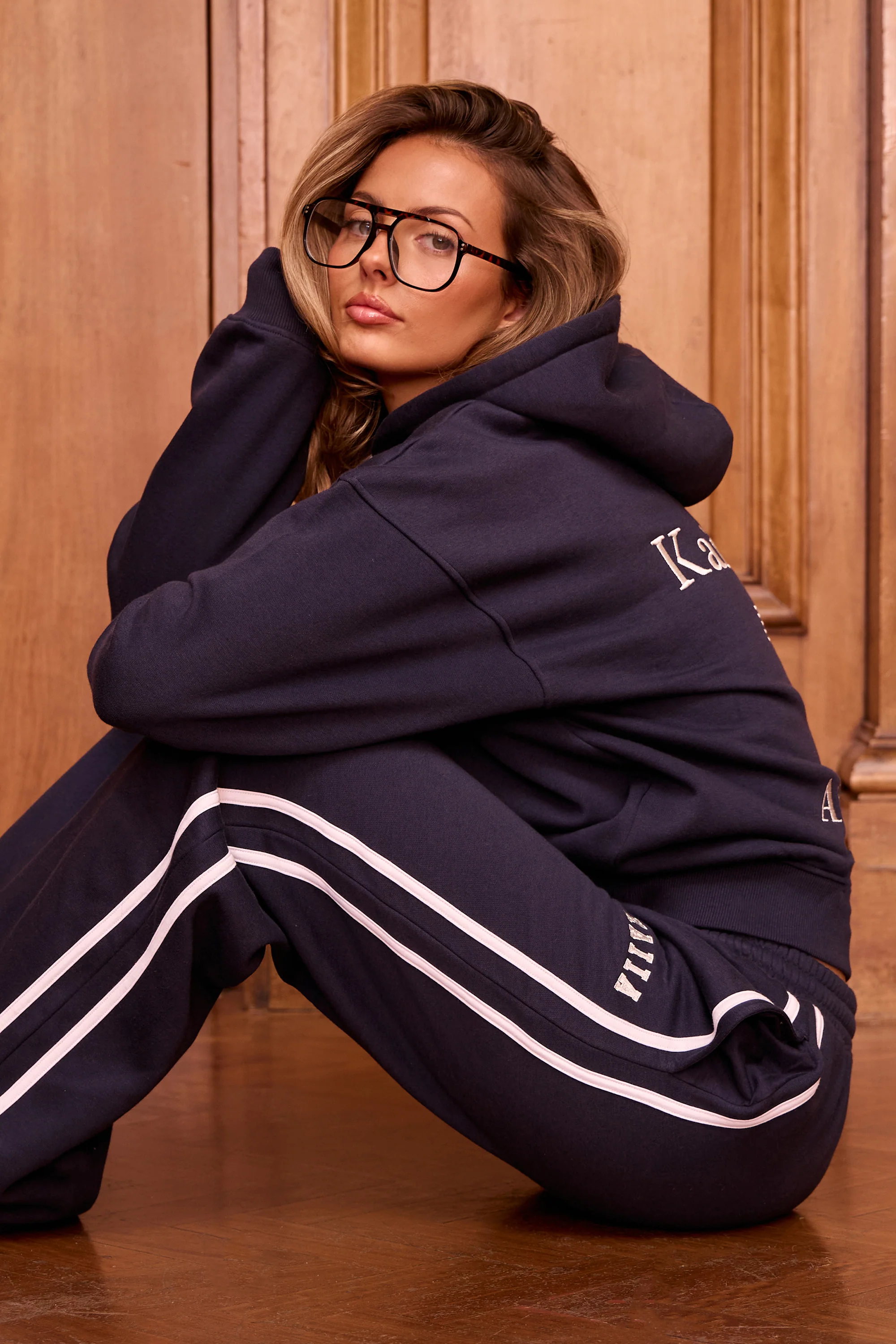 Kaiia Logo Side Stripe Wide Leg Joggers Navy & White - Image 2