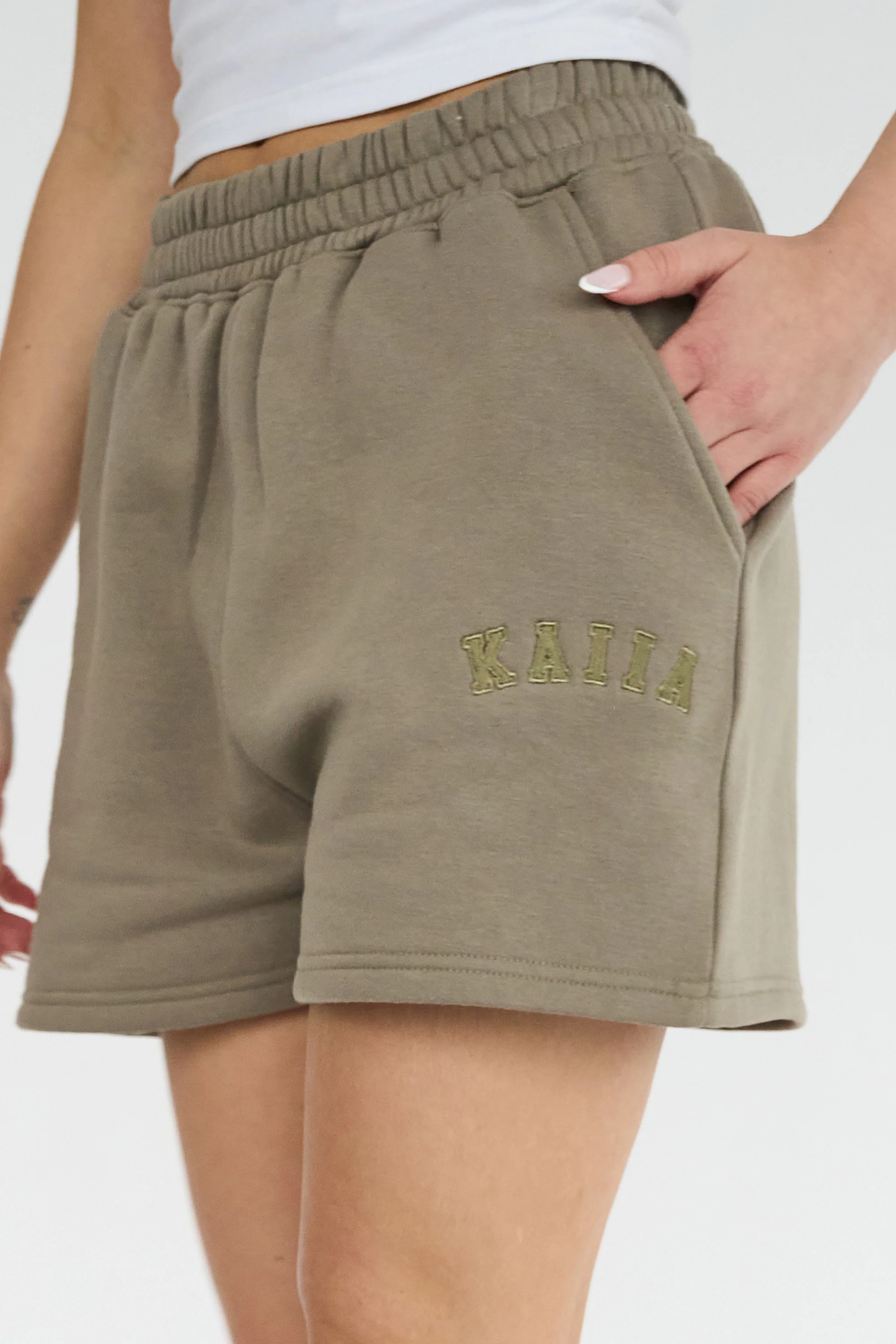 Kaiia Logo Sweat Shorts in Khaki - Image 4