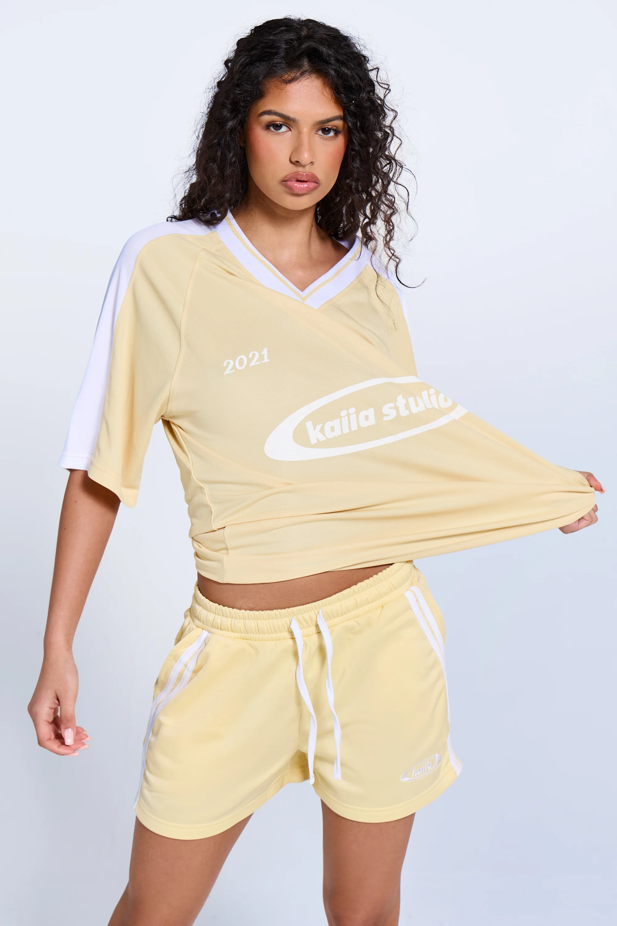 Kaiia Logo Tricot Shorts Lemon & White - Image 2