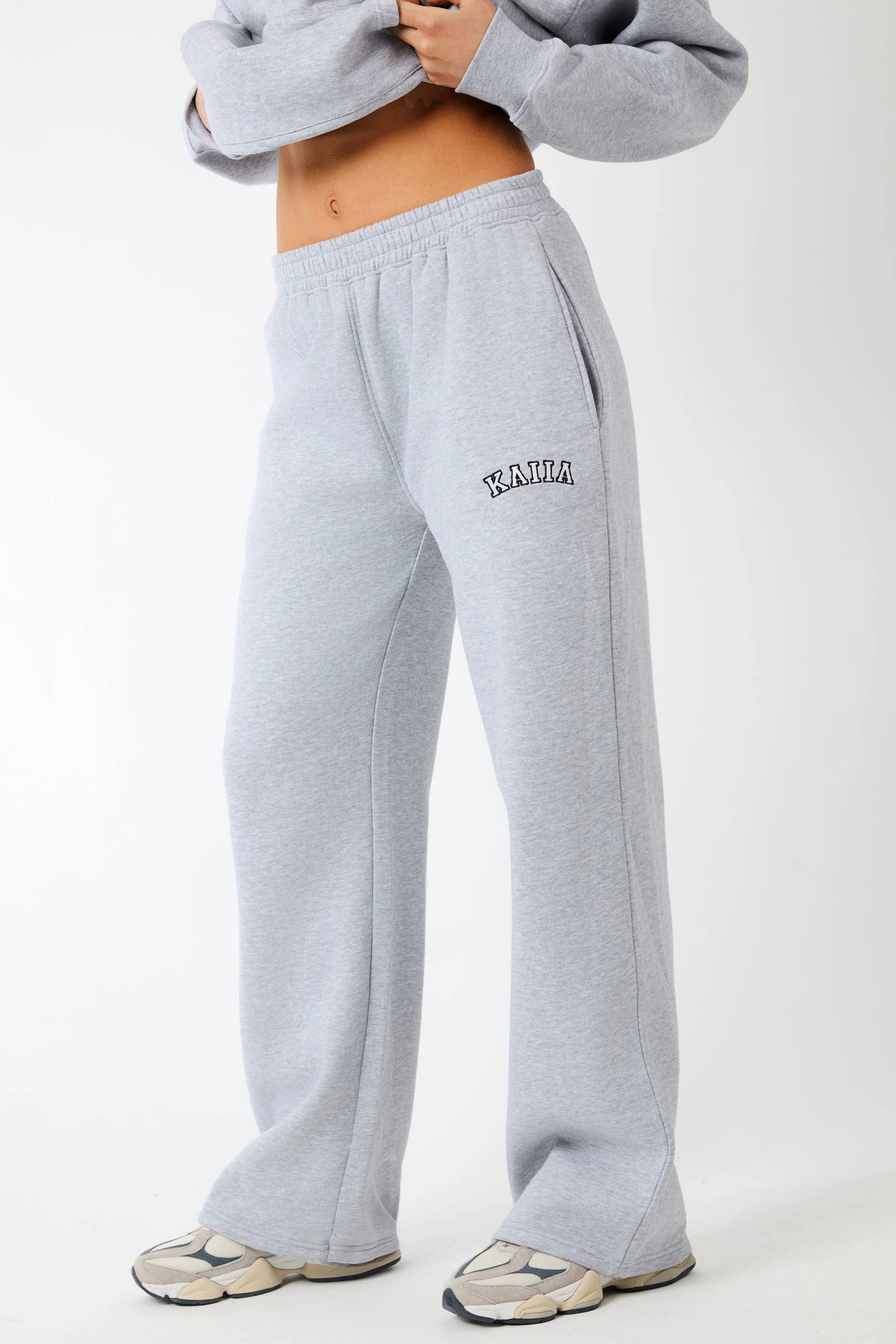 Kaiia Logo Wide Leg Joggers Grey Marl & White - Image 2