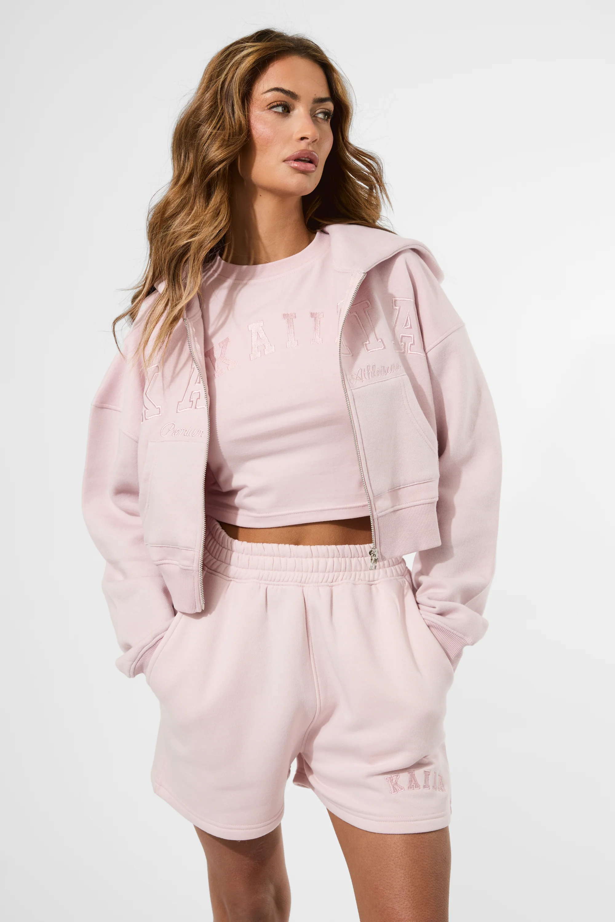 Kaiia Slogan Zip Through Cropped Hoodie Pink Chai - Image 5