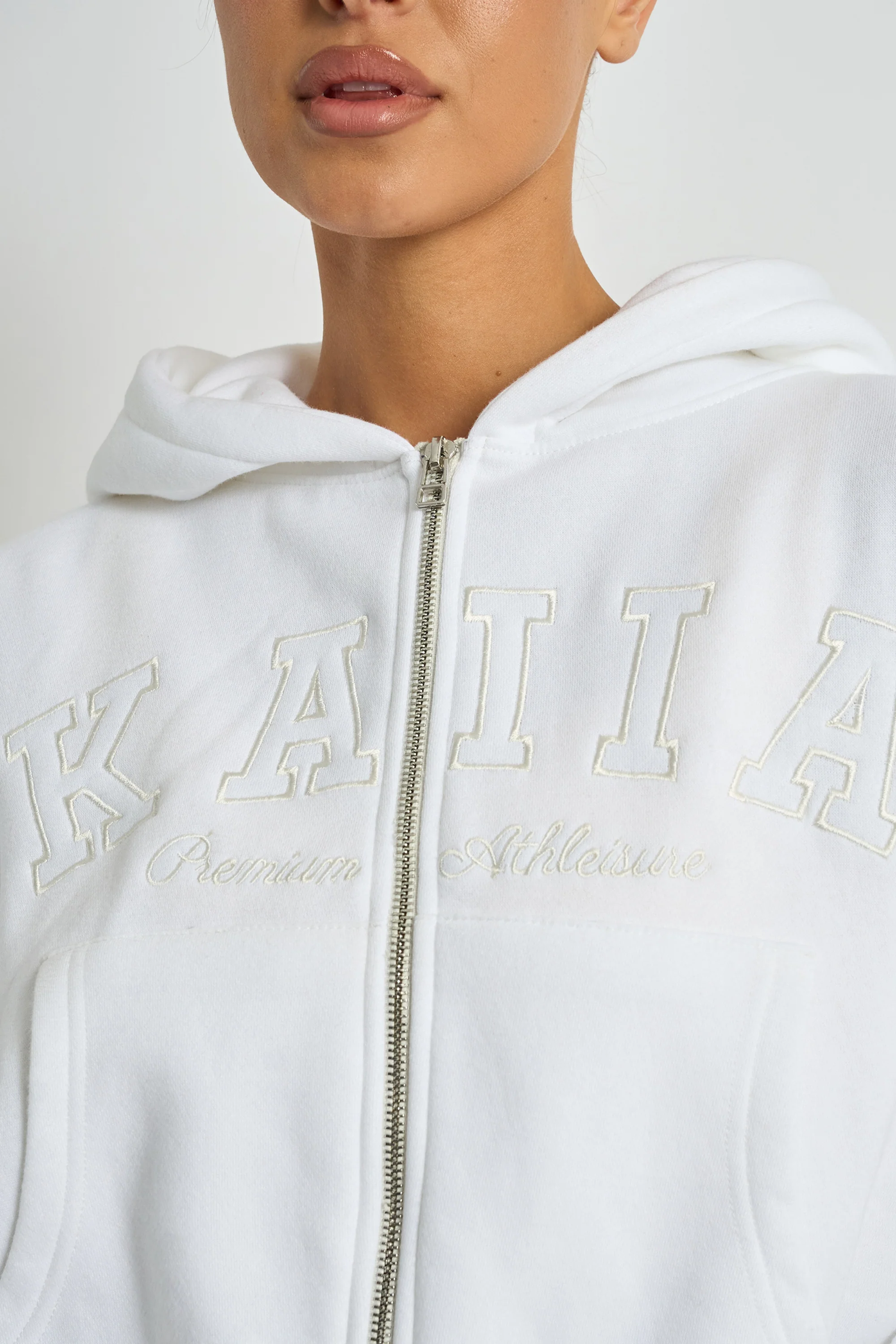Kaiia Slogan Zip Through Oversized Hoodie White - Image 4
