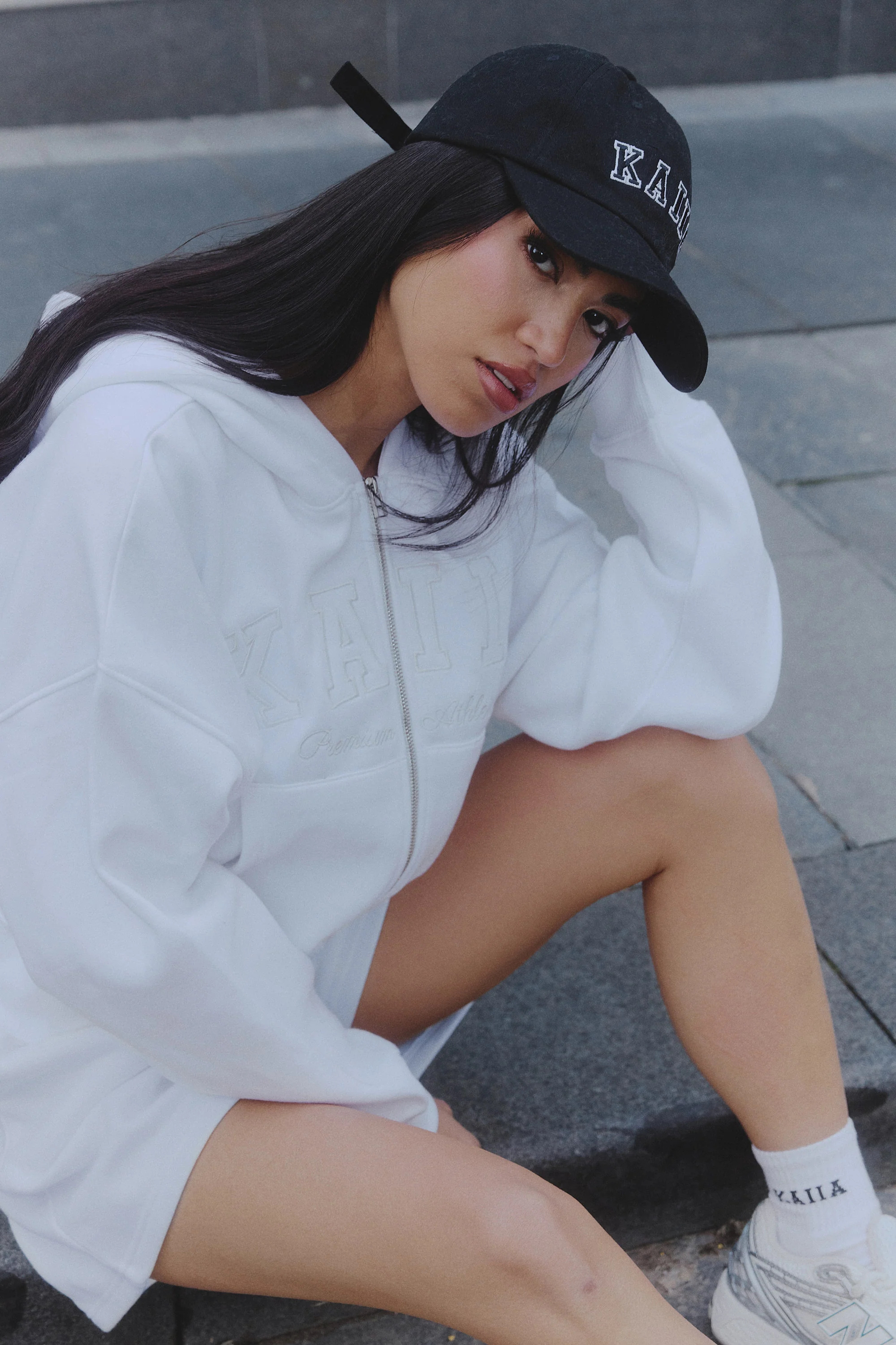 Kaiia Slogan Zip Through Oversized Hoodie White - Image 5