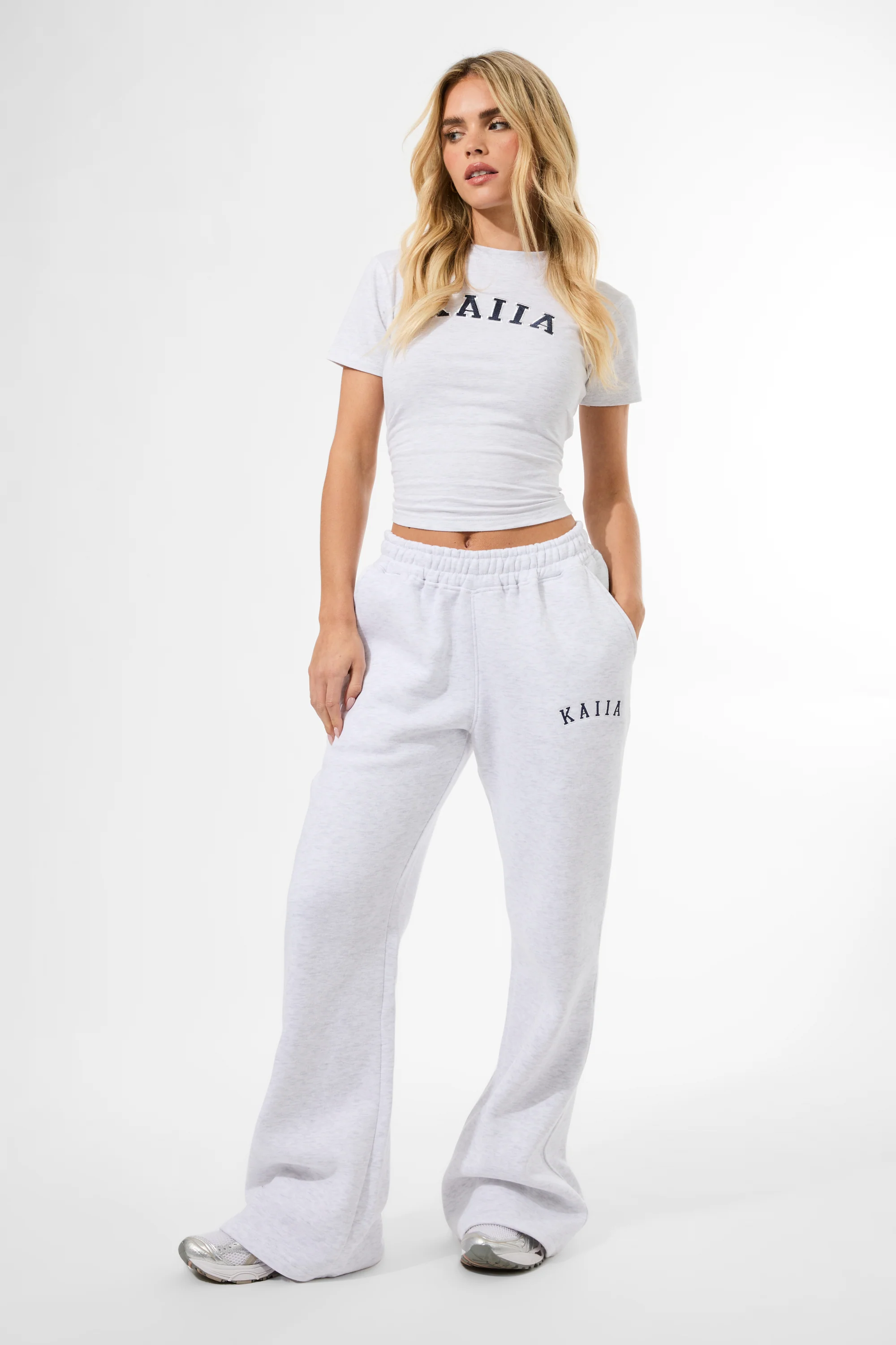 Kaiia Longline Baby Tee Light Grey Marl & Navy - Image 10
