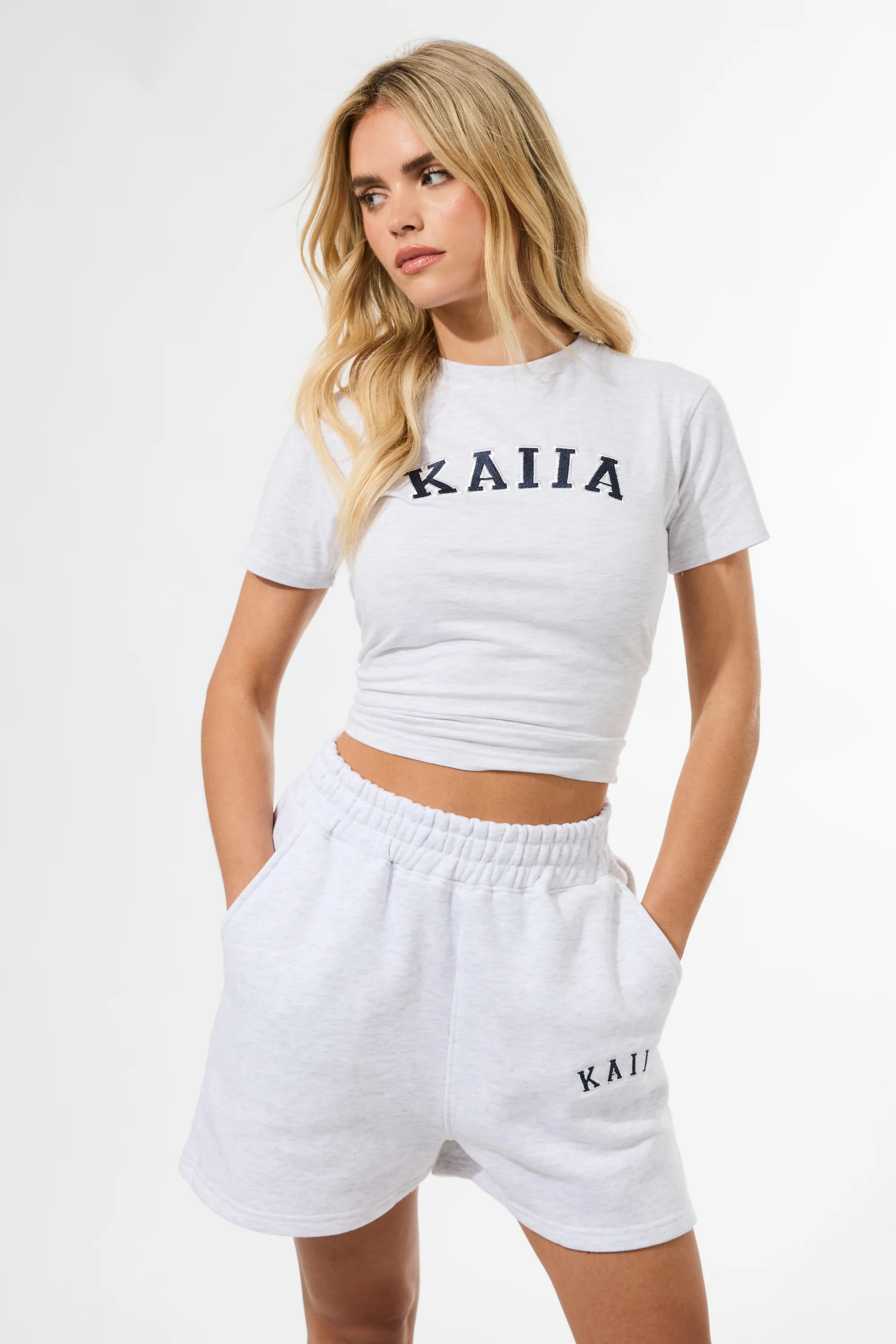 Kaiia Longline Baby Tee Light Grey Marl & Navy - Image 5