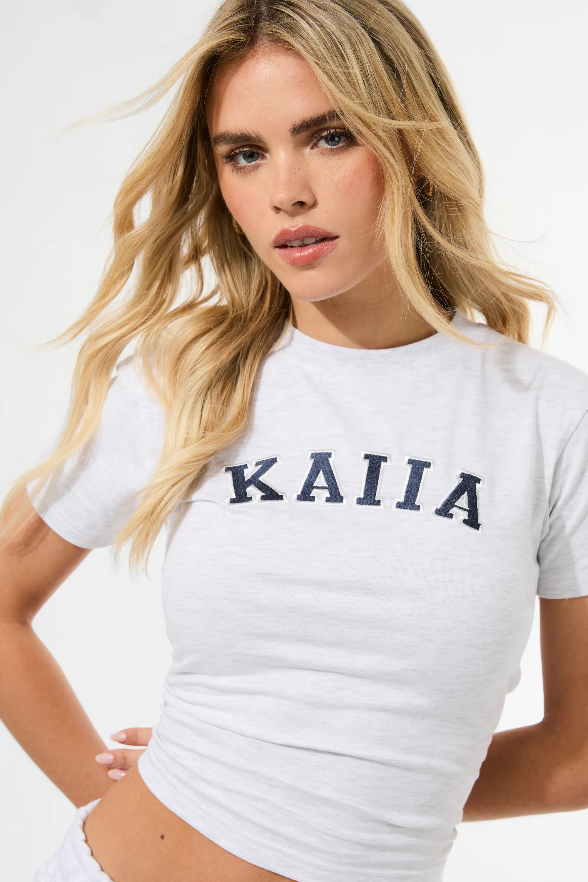 Kaiia Longline Baby Tee Light Grey Marl & Navy - Image 6