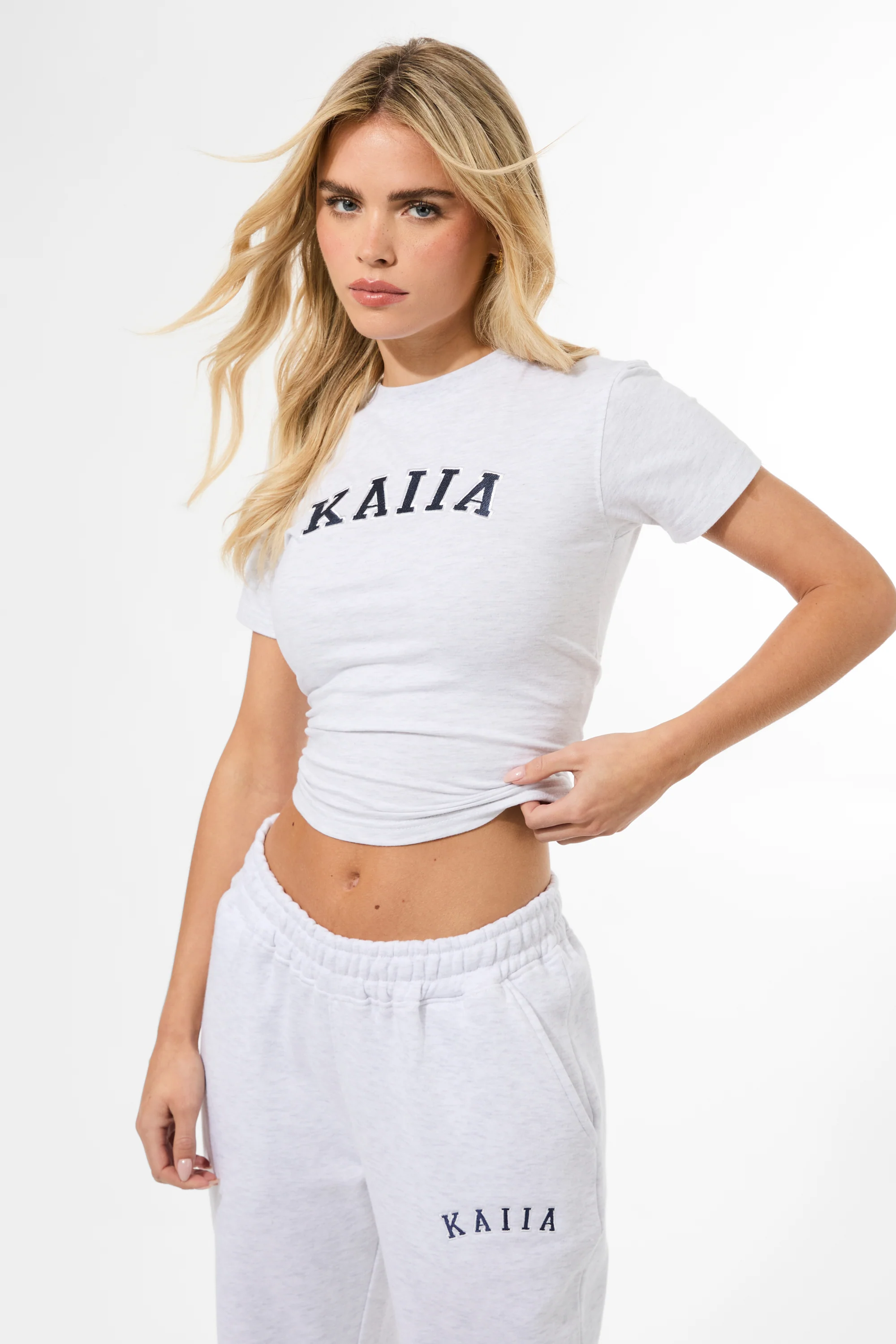 Kaiia Longline Baby Tee Light Grey Marl & Navy - Image 7