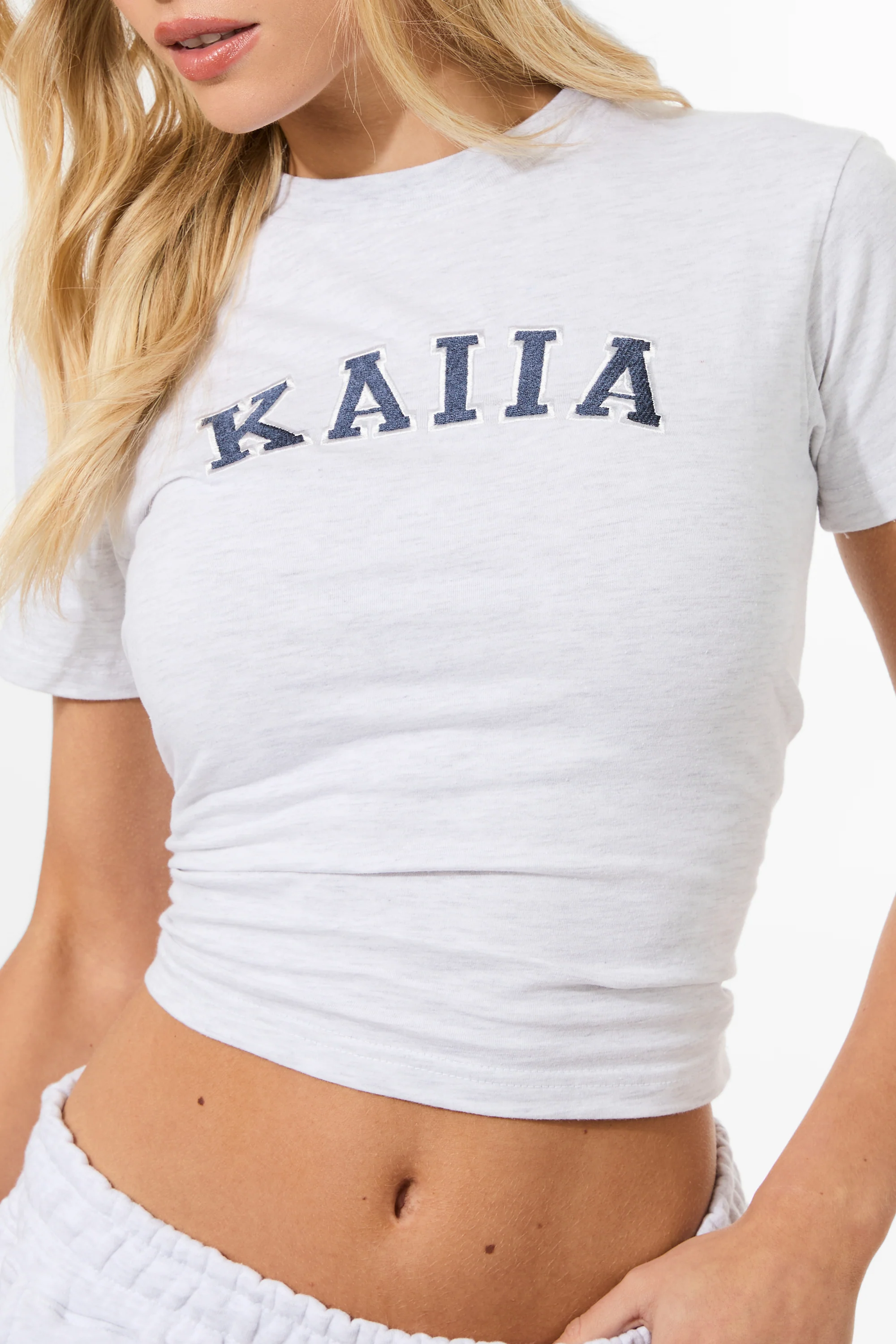 Kaiia Longline Baby Tee Light Grey Marl & Navy - Image 9