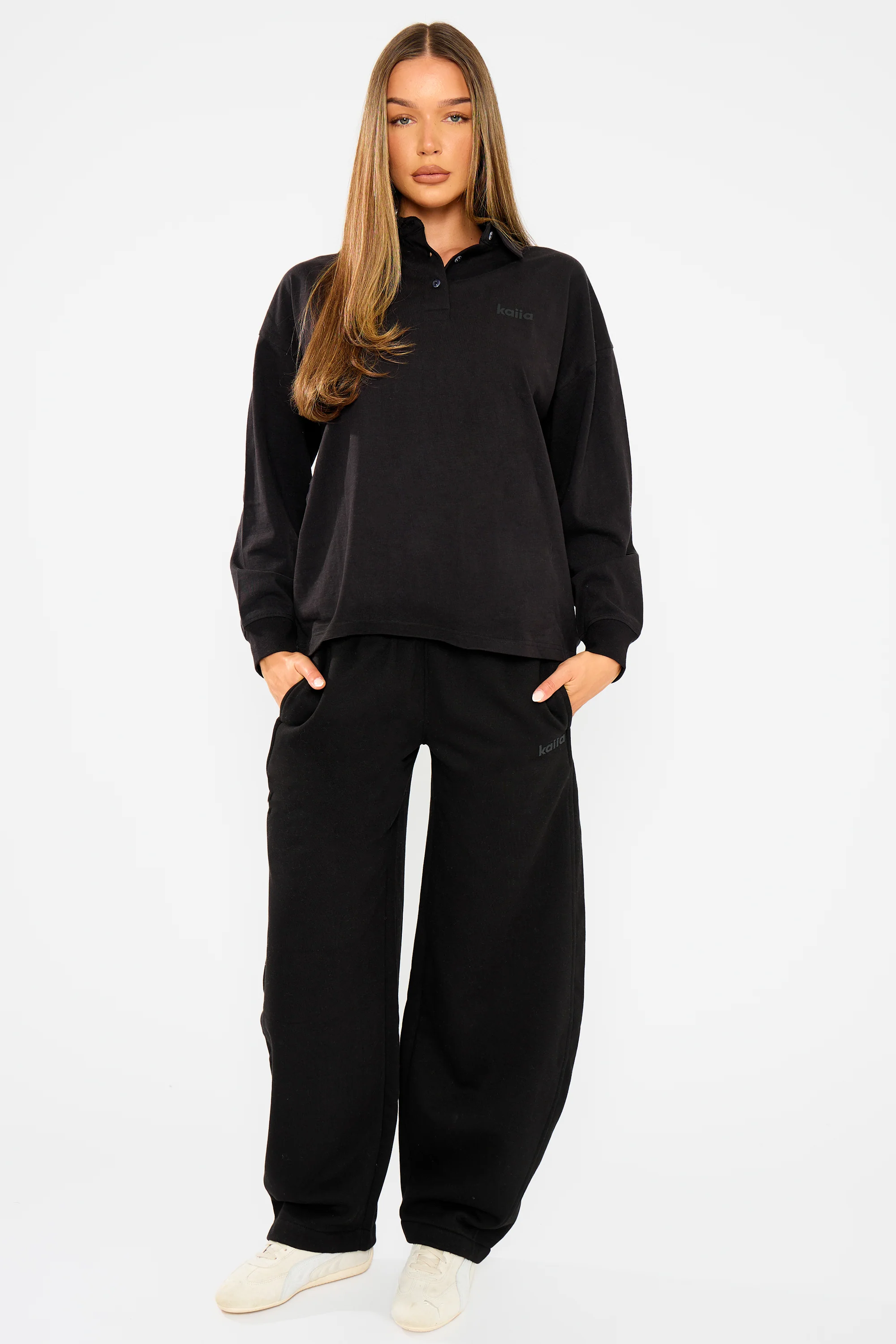 Kaiia Oversized Cotton Polo Top Black - Image 6