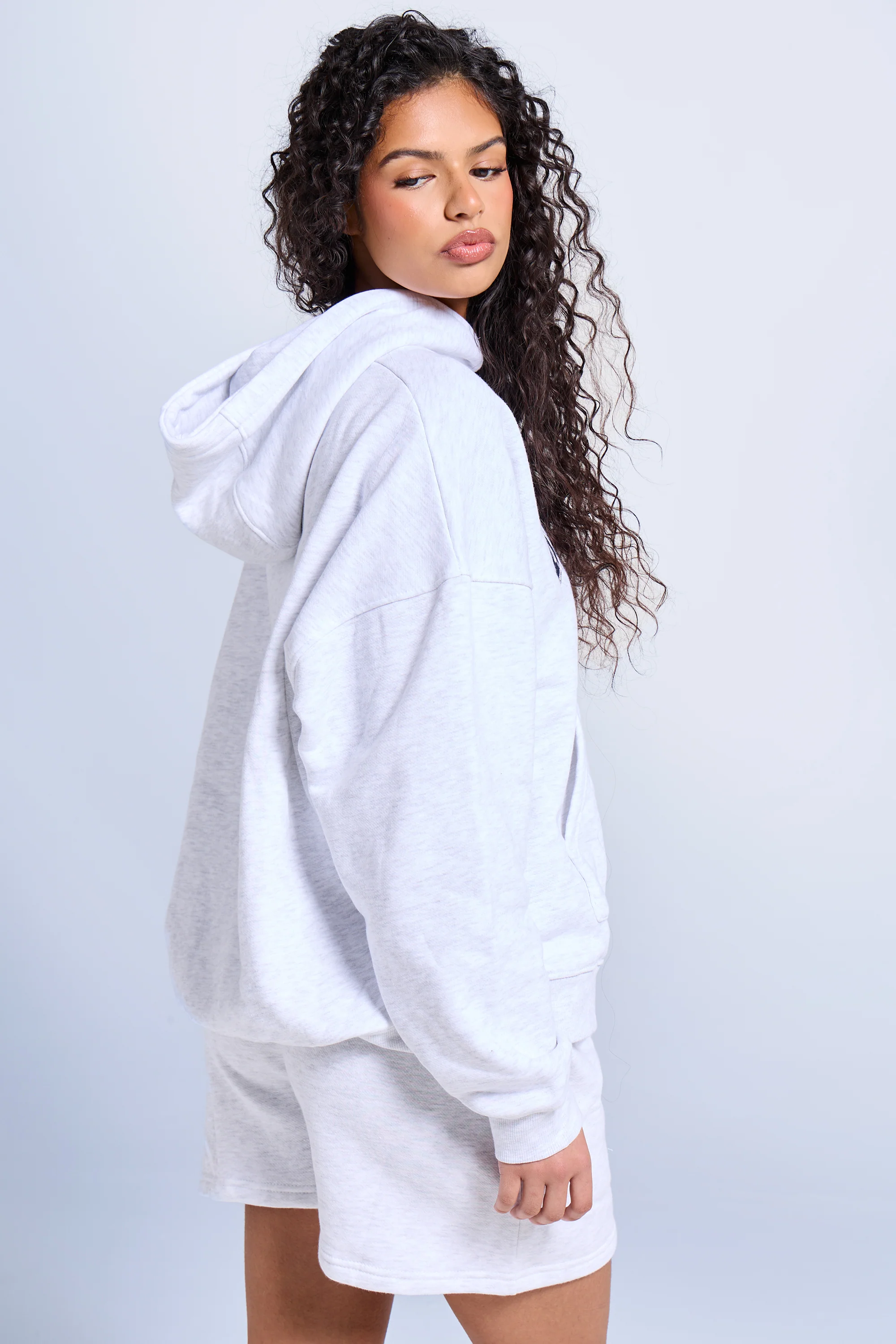 Kaiia Slogan Oversized Hoodie Light Grey Marl & Navy - Image 4