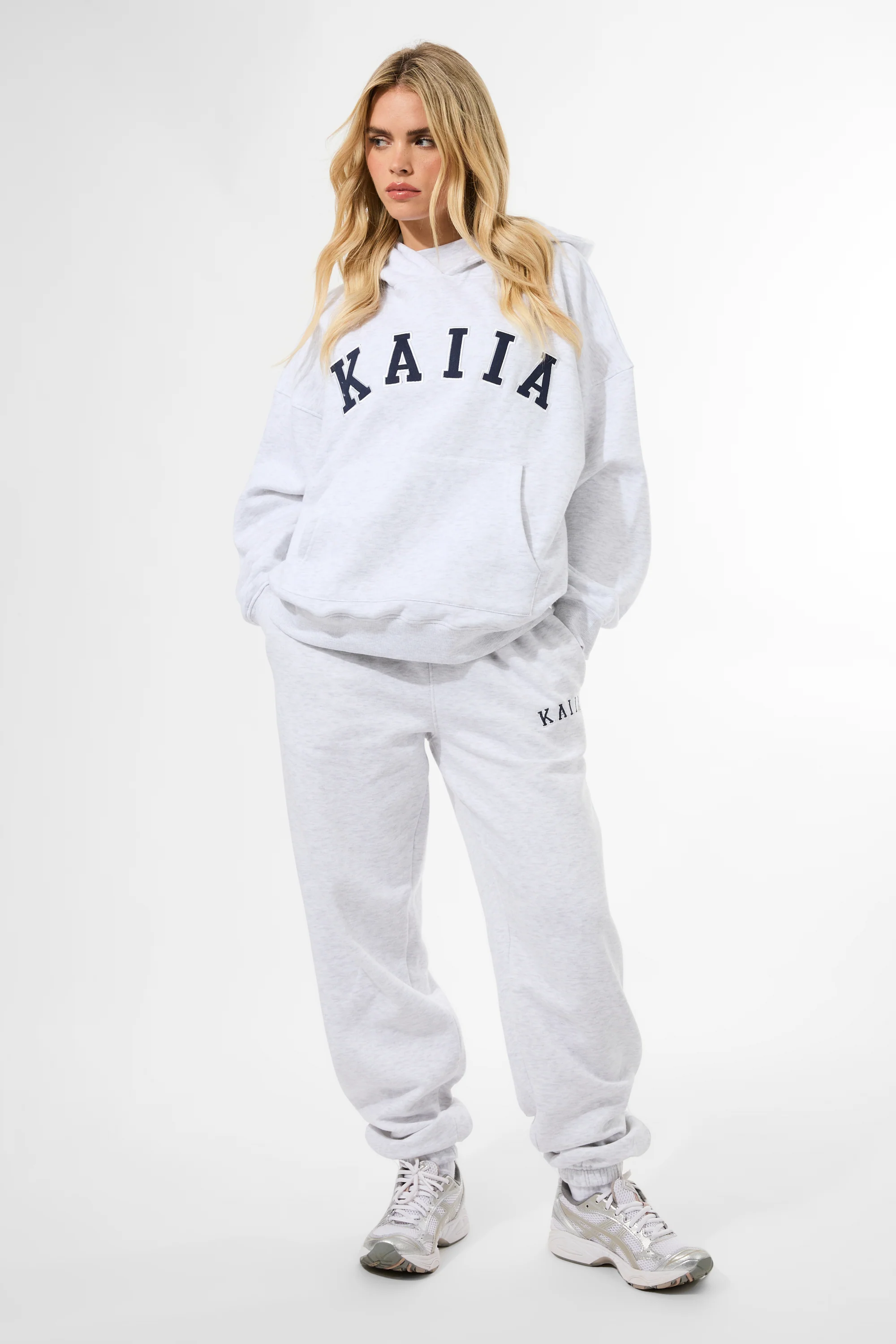 Kaiia Slogan Oversized Hoodie Light Grey Marl & Navy - Image 5