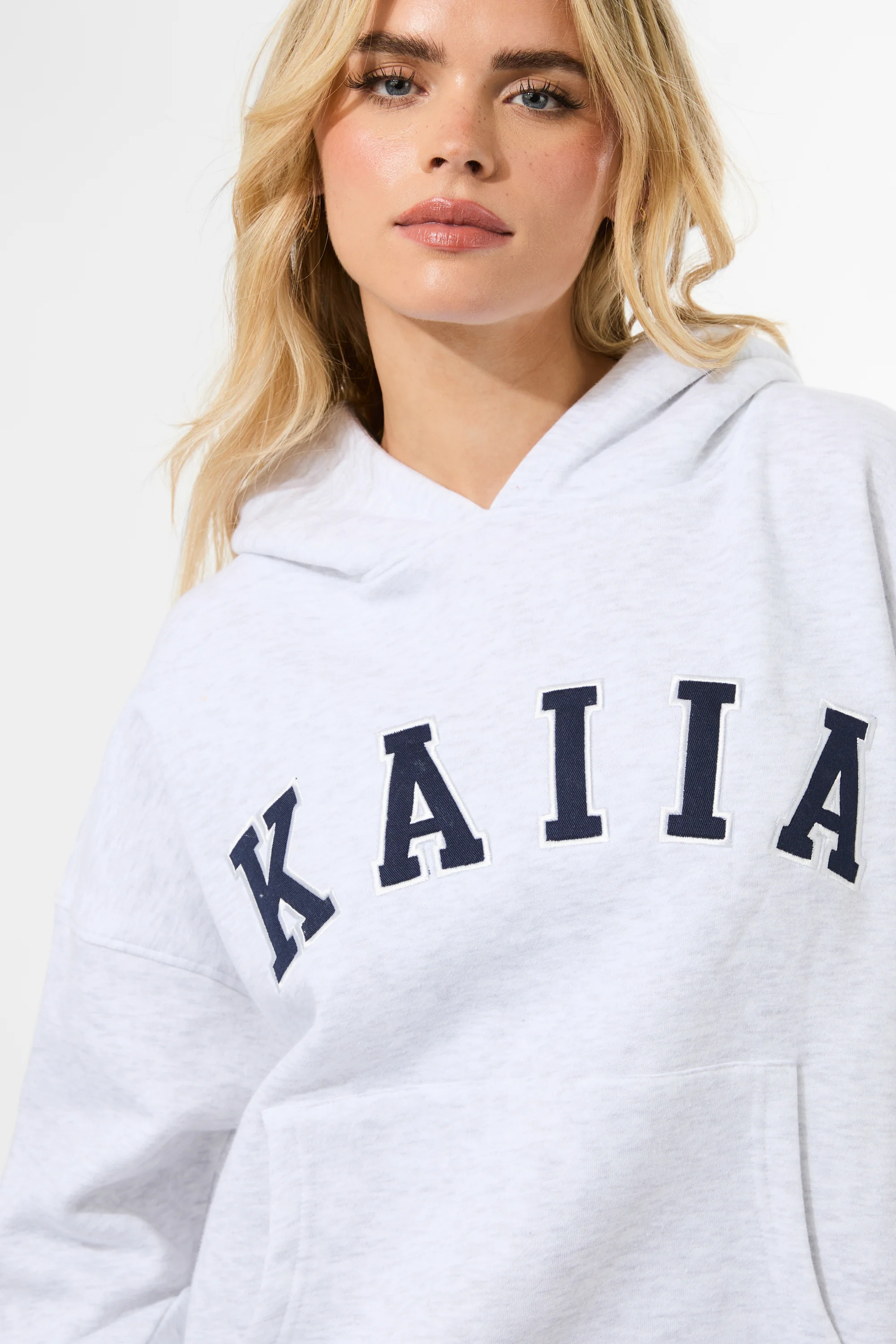 Kaiia Slogan Oversized Hoodie Light Grey Marl & Navy - Image 6