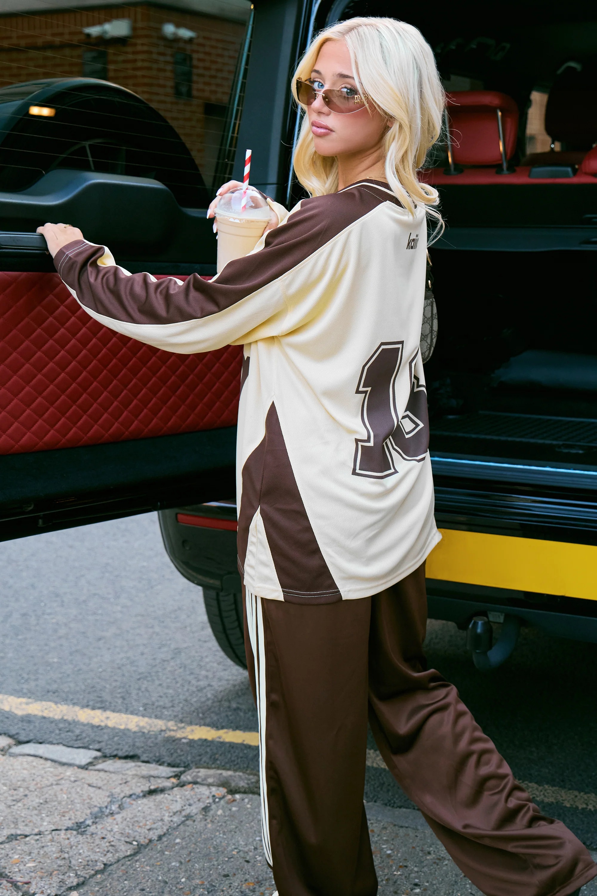 Kaiia Oversized Long Sleeve Football Top Soft Lemon & Chocolate - Image 3