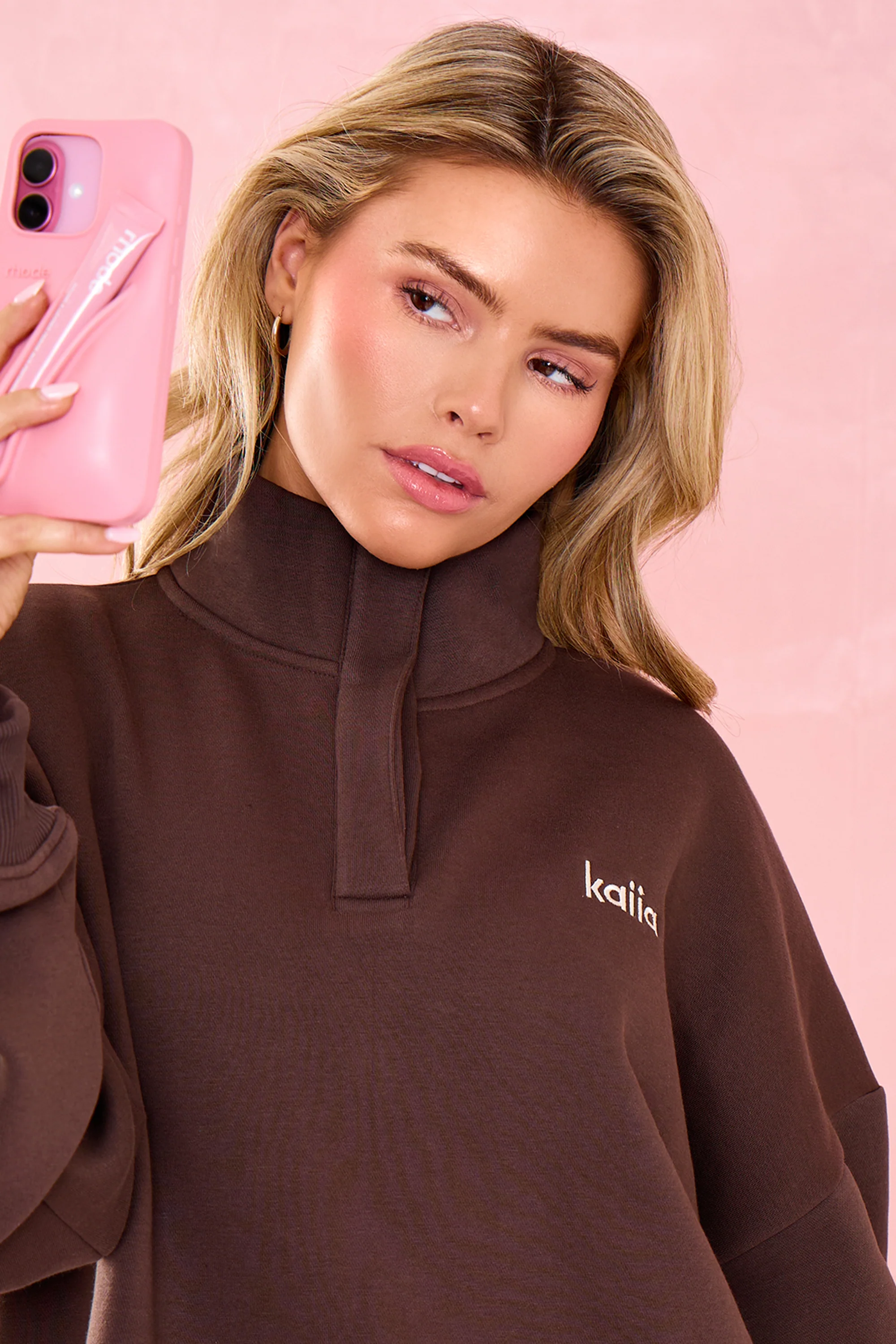 Kaiia Oversized Quarter Neck Sweatshirt Bitter Chocolate - Image 4