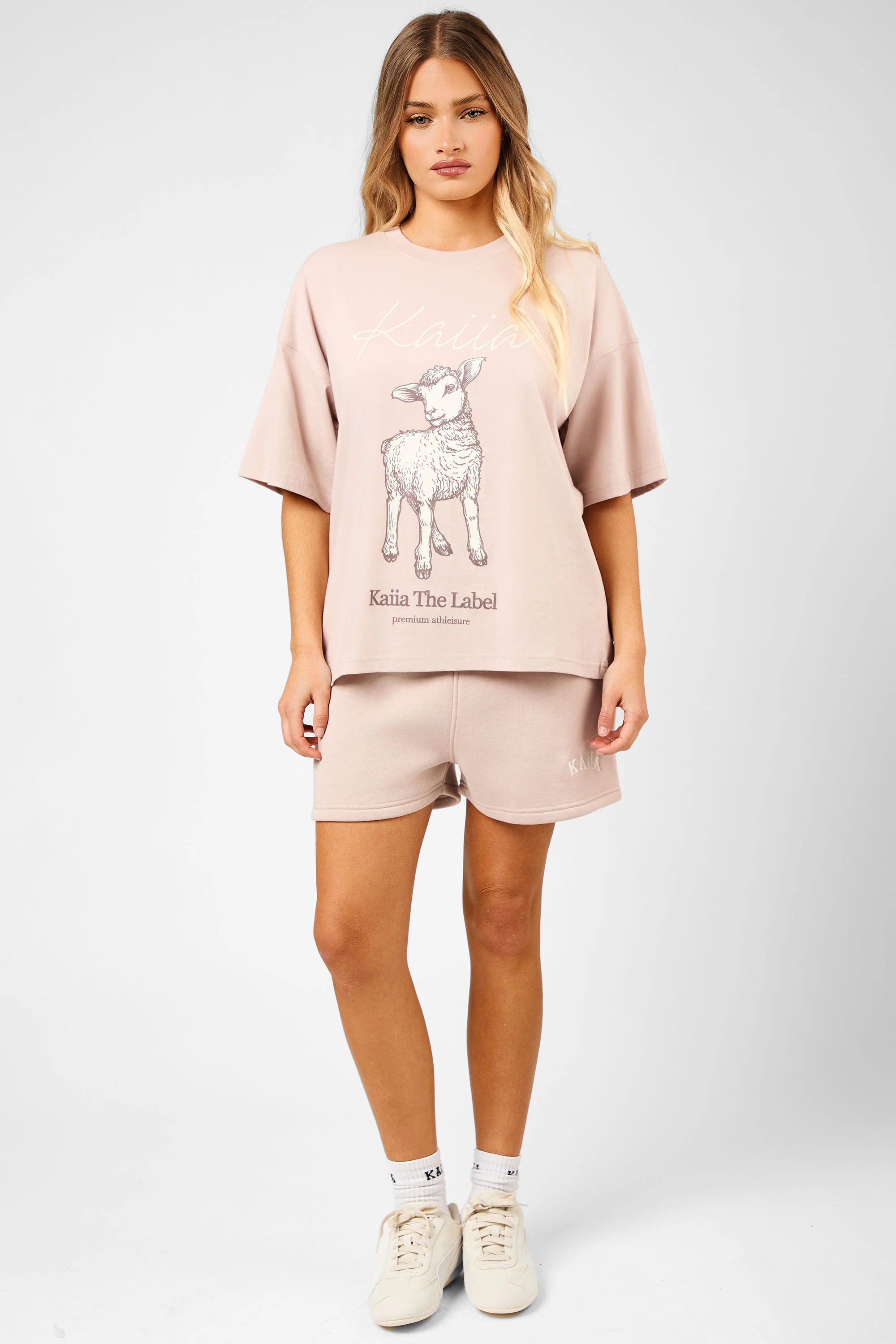 Kaiia Oversized Spring Lamb Graphic T-Shirt Champagne - Image 4