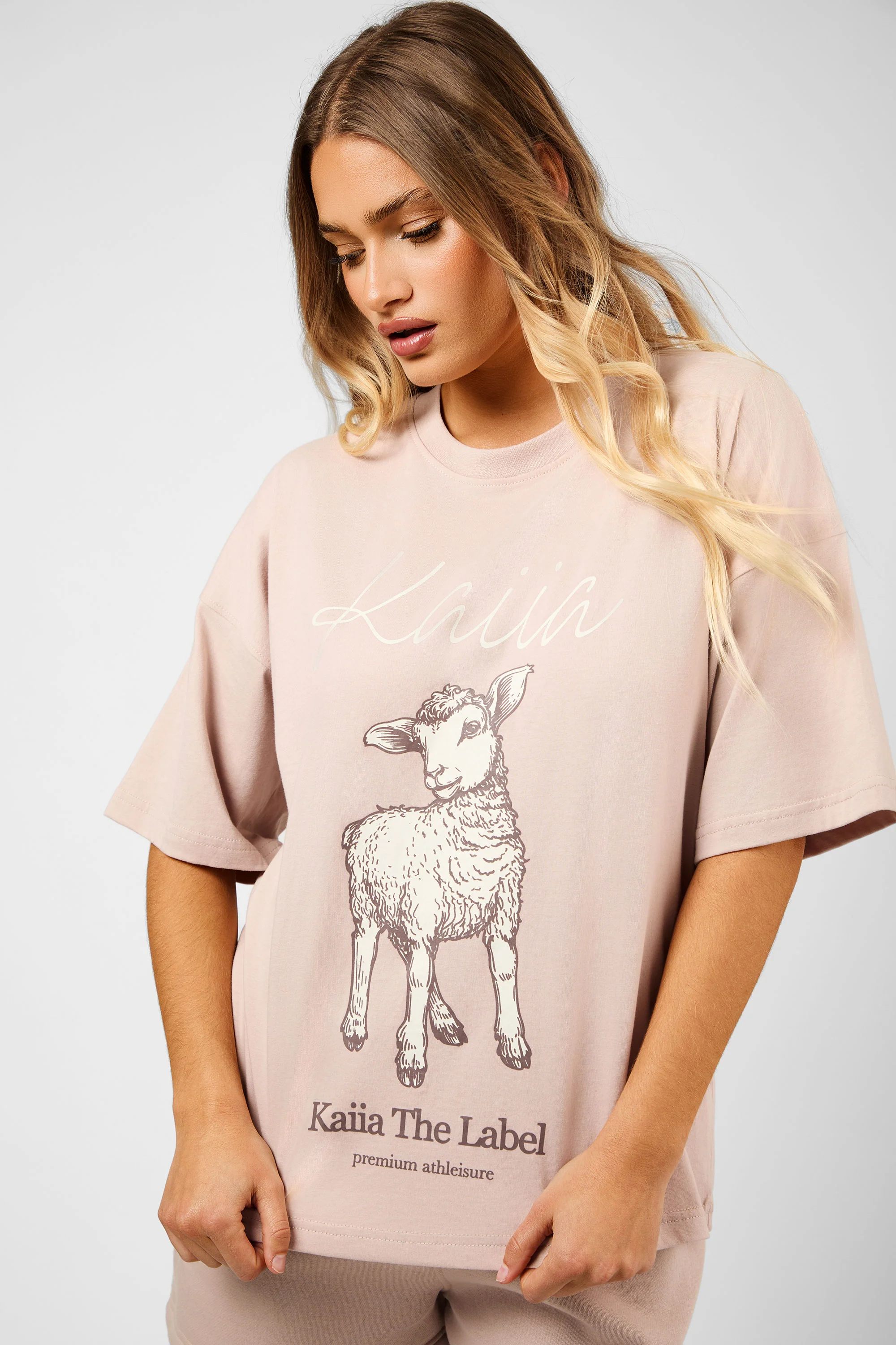 Kaiia Oversized Spring Lamb Graphic T-Shirt Champagne - Image 6
