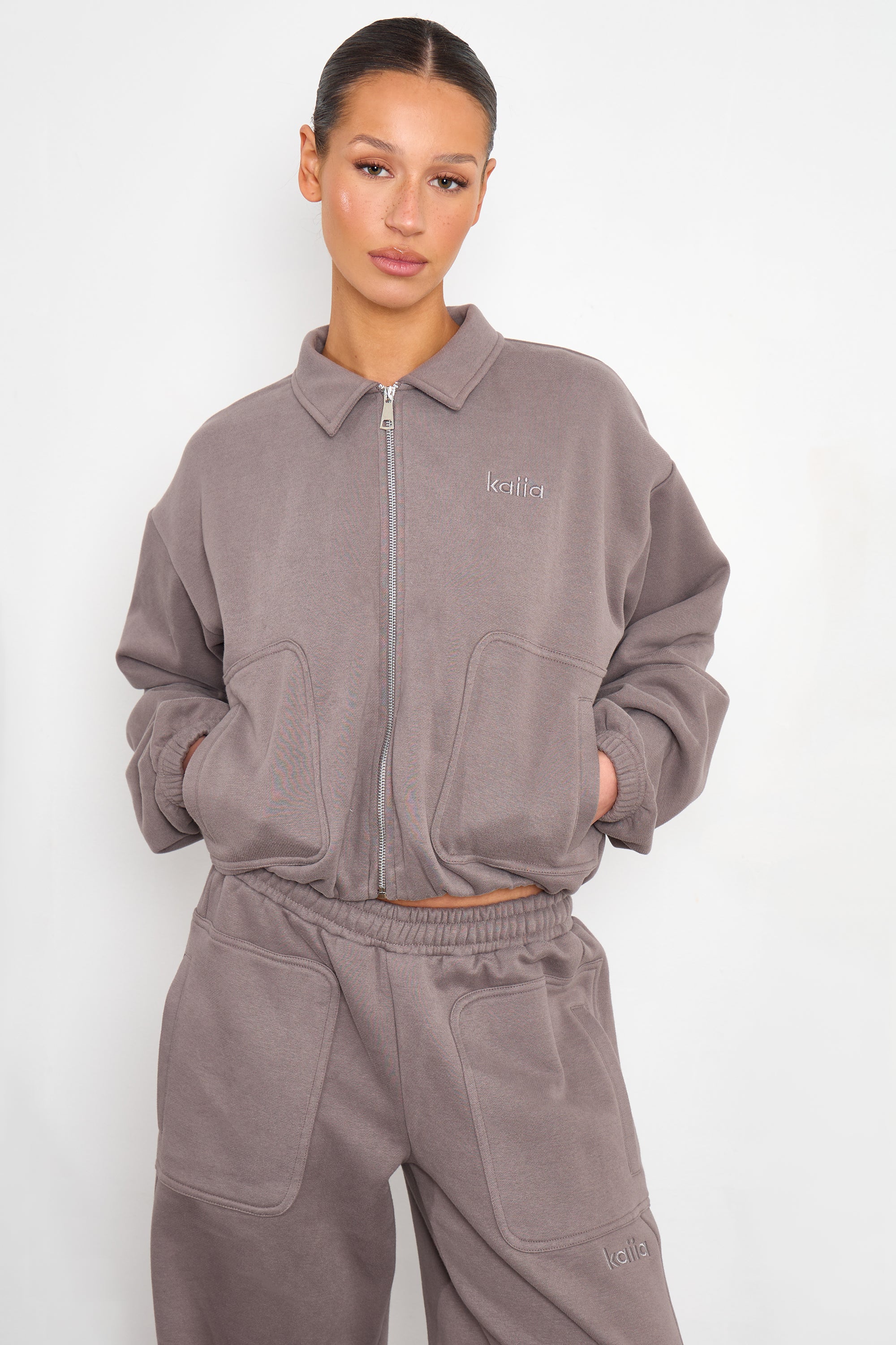 Kaiia Pocket Detail Zip Through Sweatshirt Silver Grey