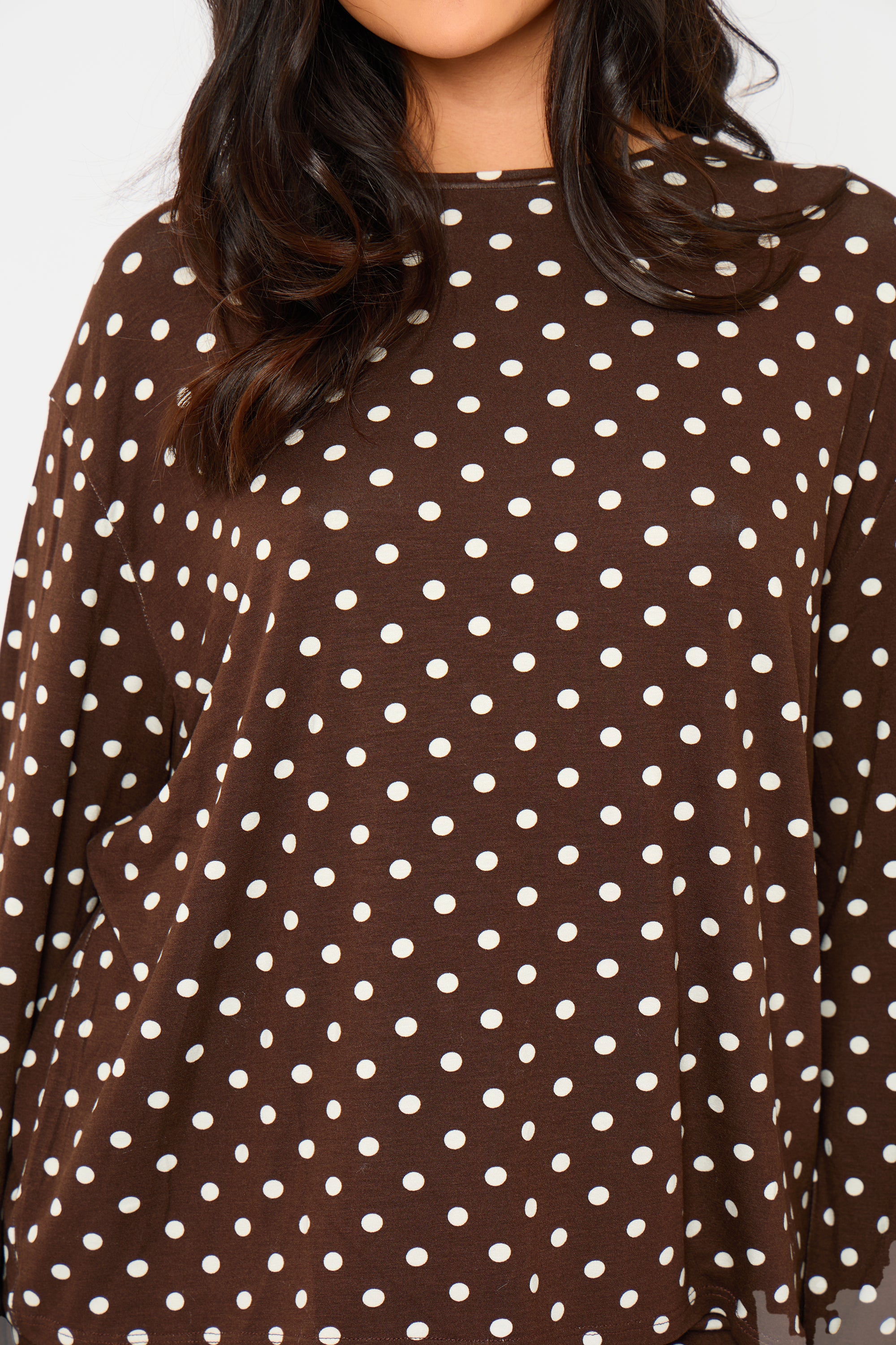 Kaiia Polka Dot Oversized Long Sleeve T-shirt Brown & Cream - Image 2