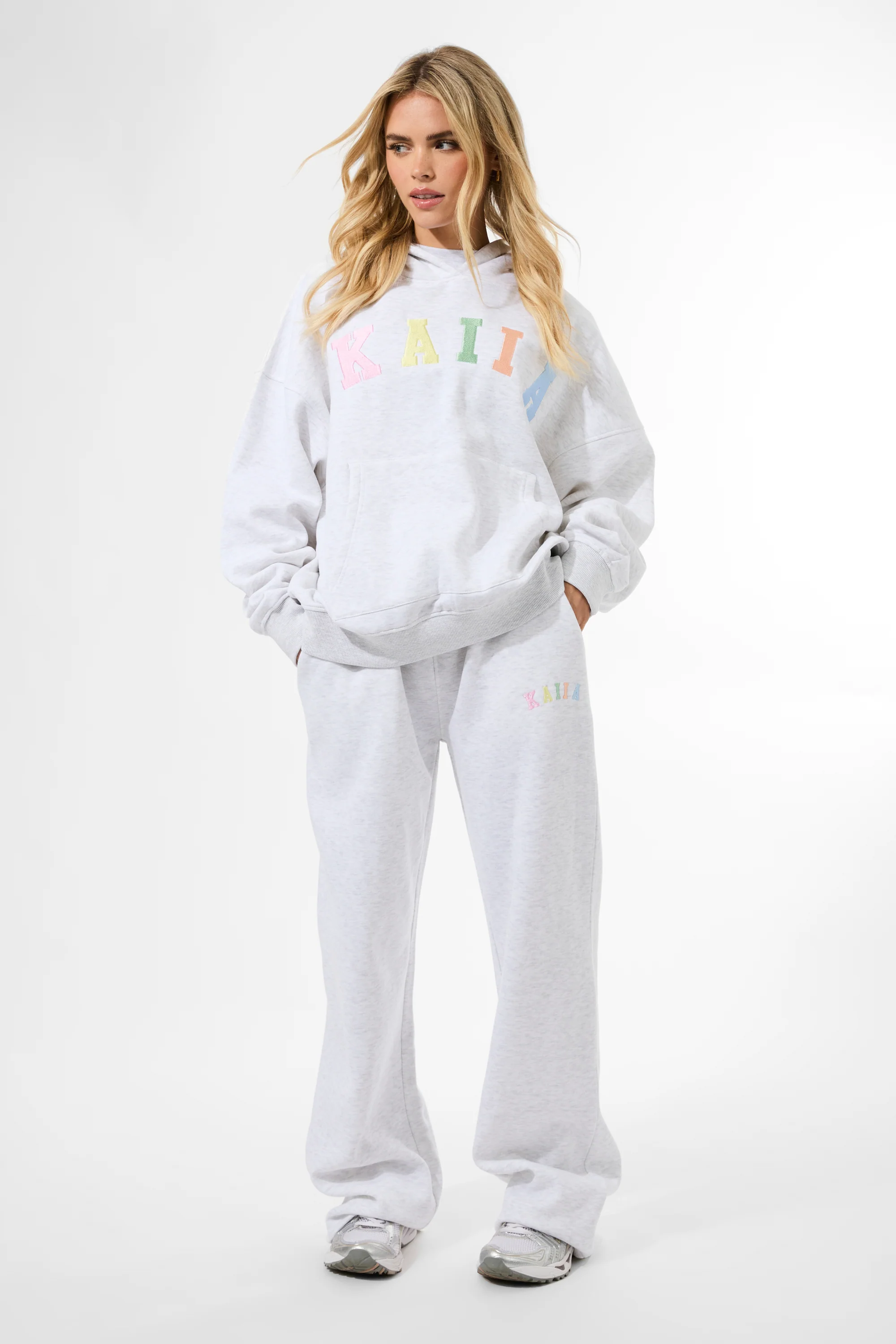 Kaiia Rainbow Logo Oversized Hoodie Light Grey Marl - Image 4