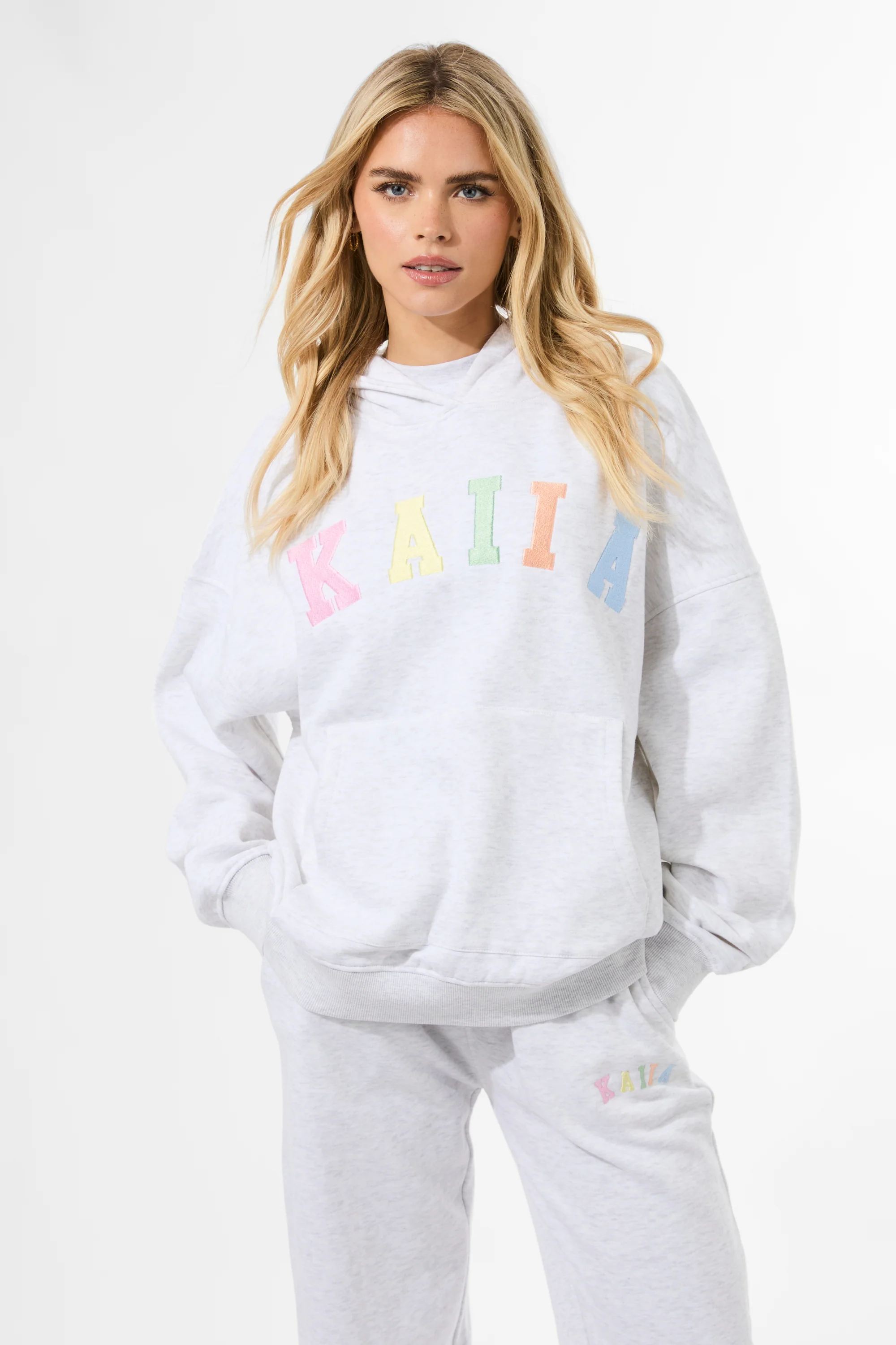 Kaiia Rainbow Logo Oversized Hoodie Light Grey Marl - Image 5