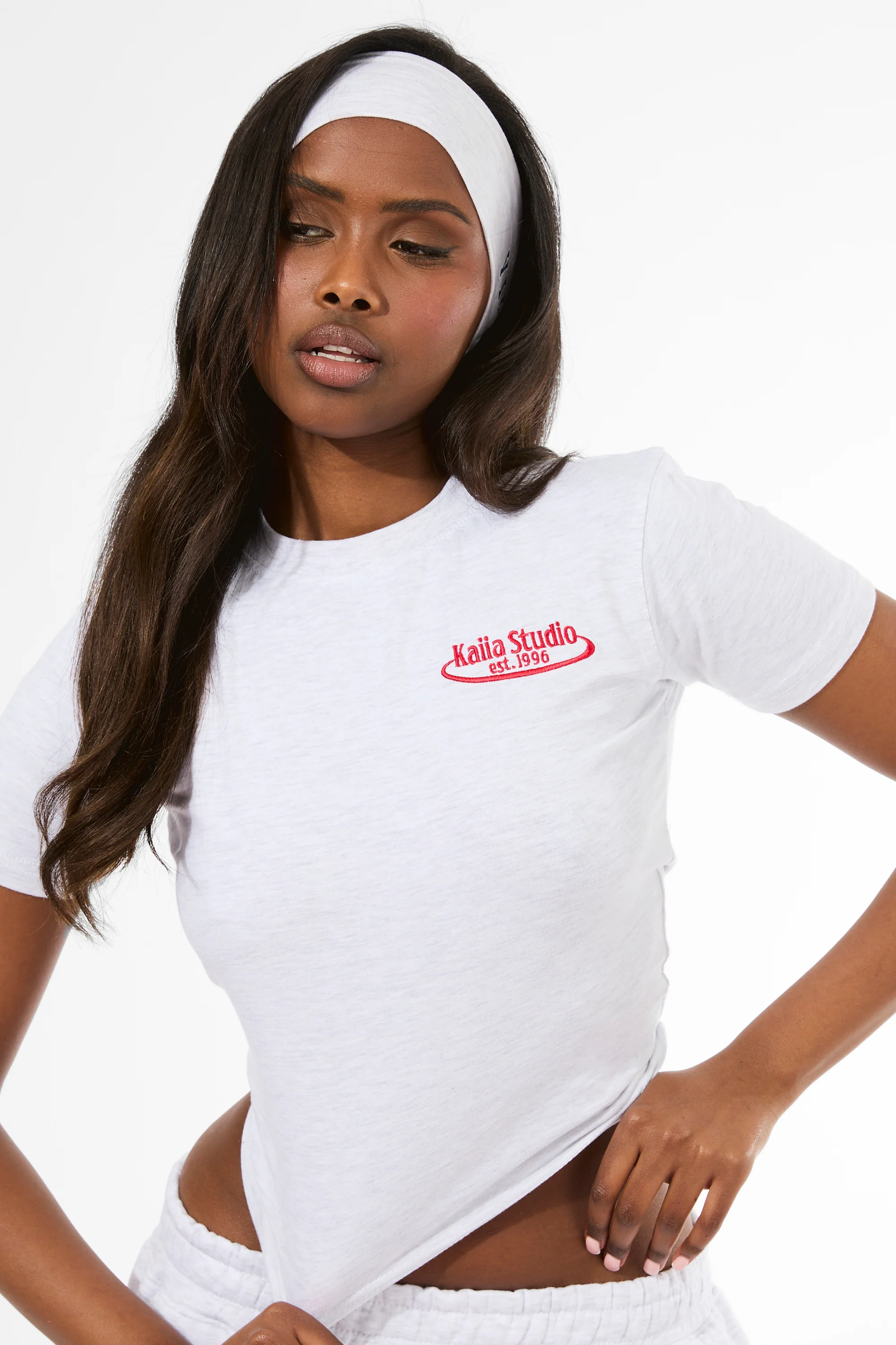 Kaiia Running Club Logo Longline Baby Tee Light Grey Marl - Image 2