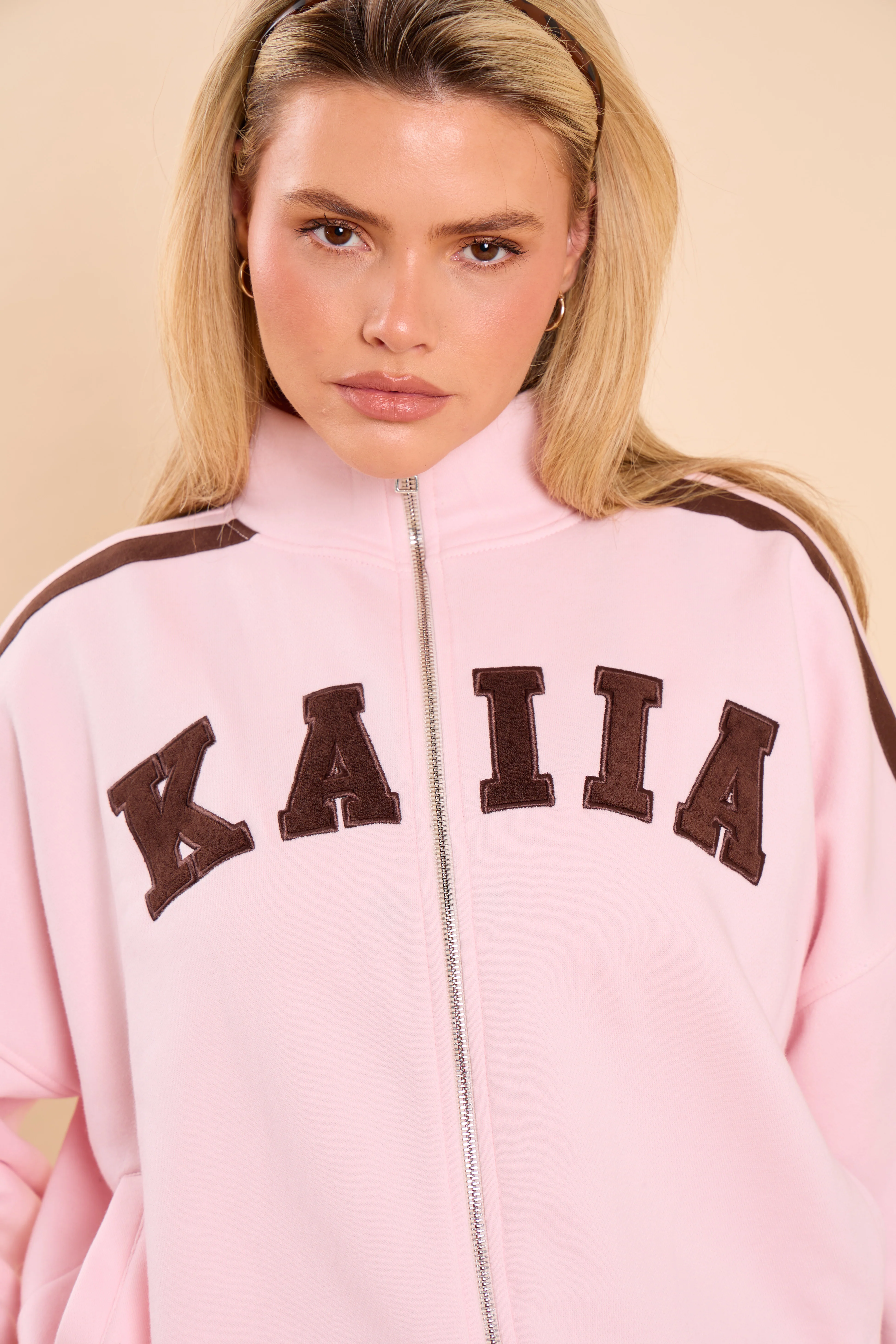 Kaiia Side Stripe Funnel Neck Zip Through Sweatshirt Pink Sugar & Espresso - Image 6