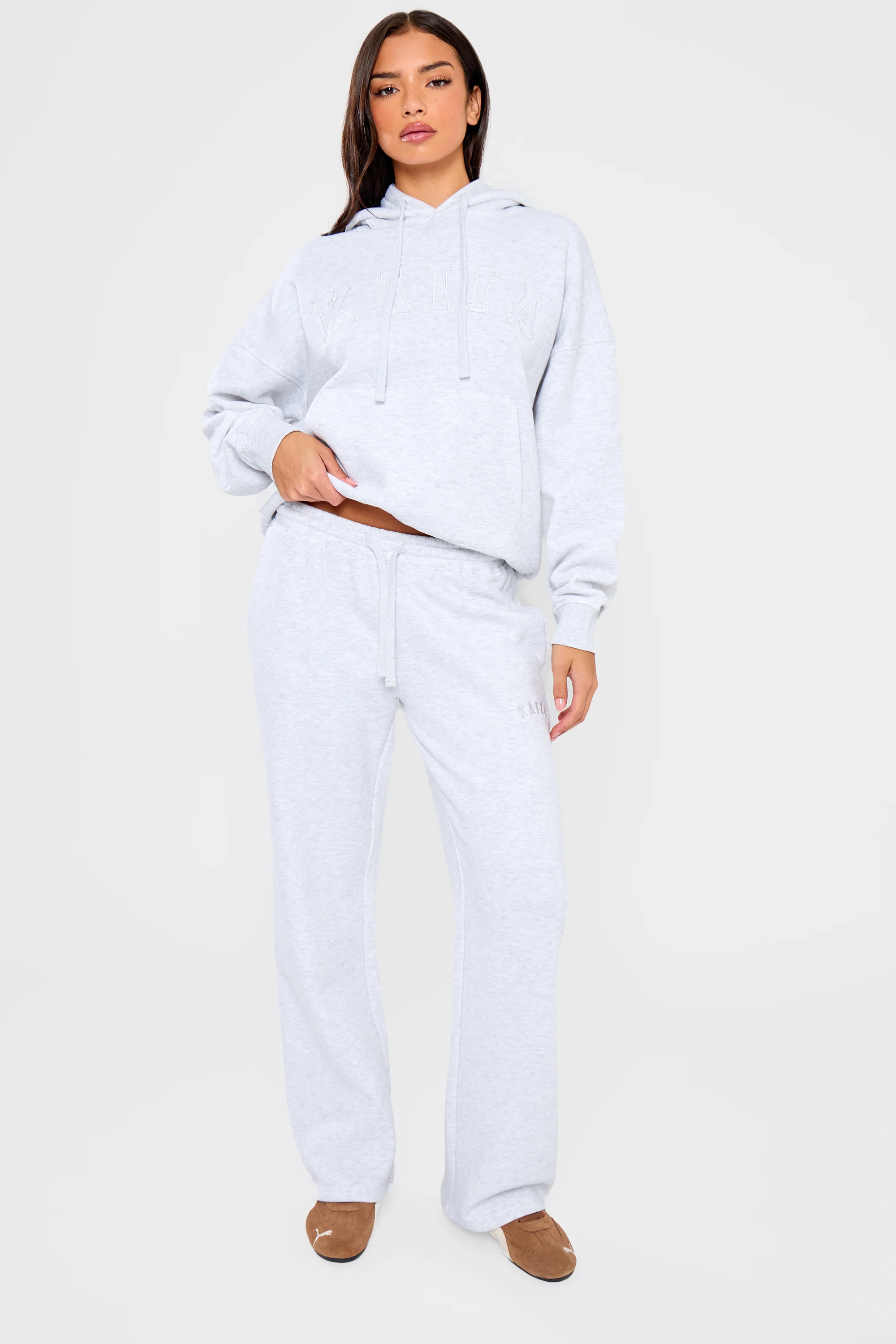 Kaiia Slogan Oversized Hoodie Light Grey Marl - Image 4