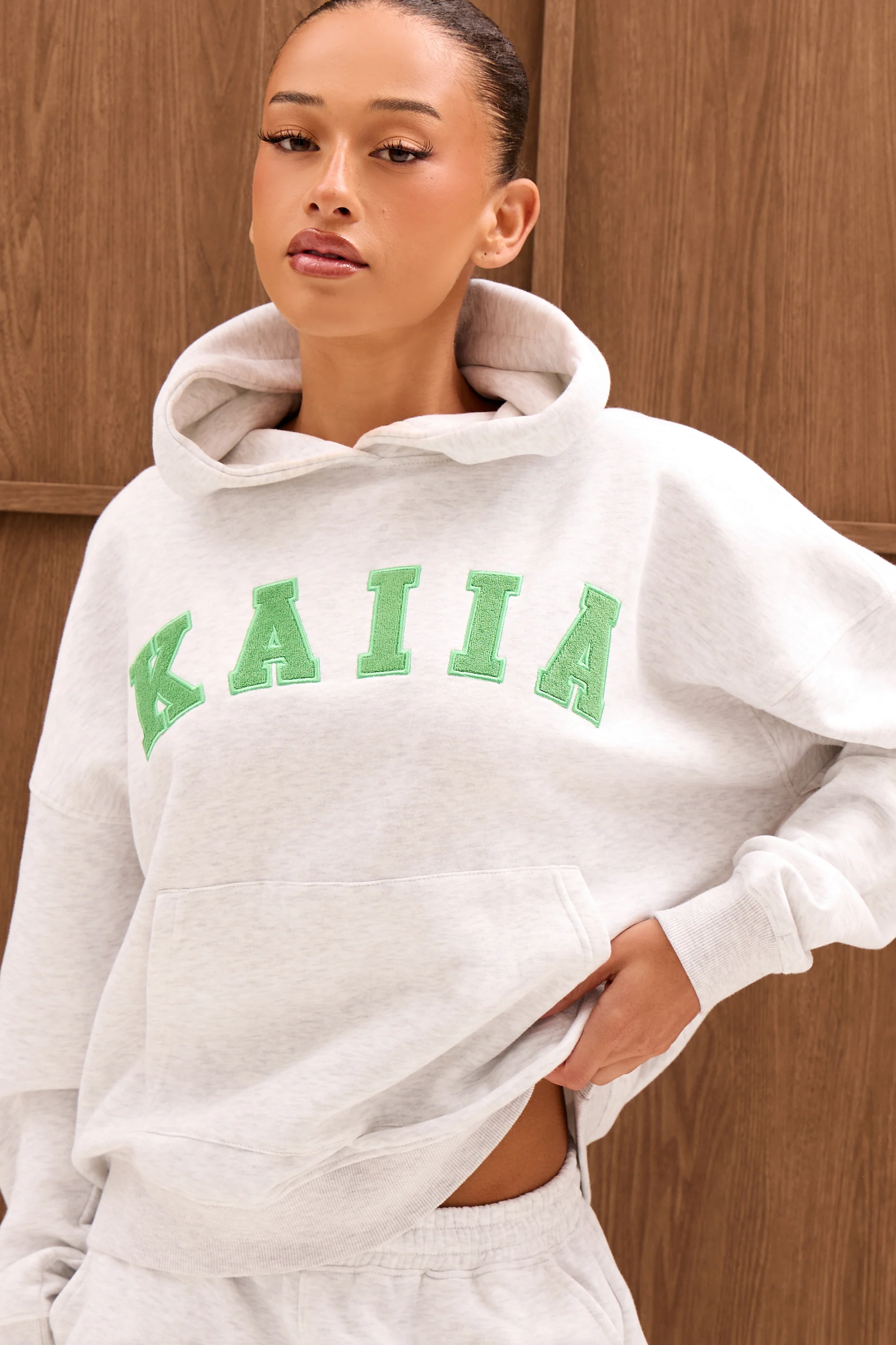 Kaiia Slogan Oversized Hoodie Light Grey Marl & Spring Green - Image 3