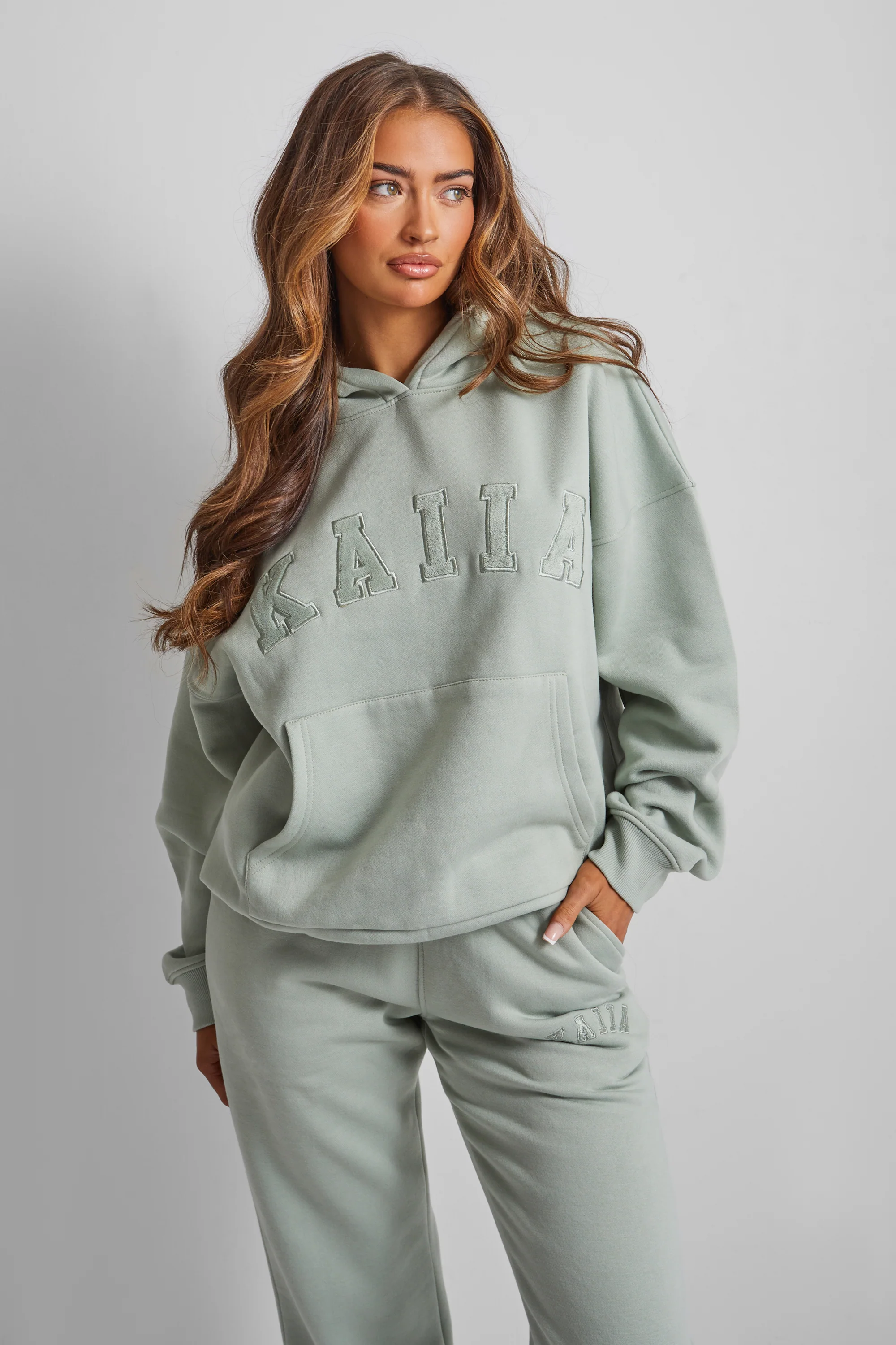Kaiia Slogan Oversized Hoodie Sage Green - Image 5