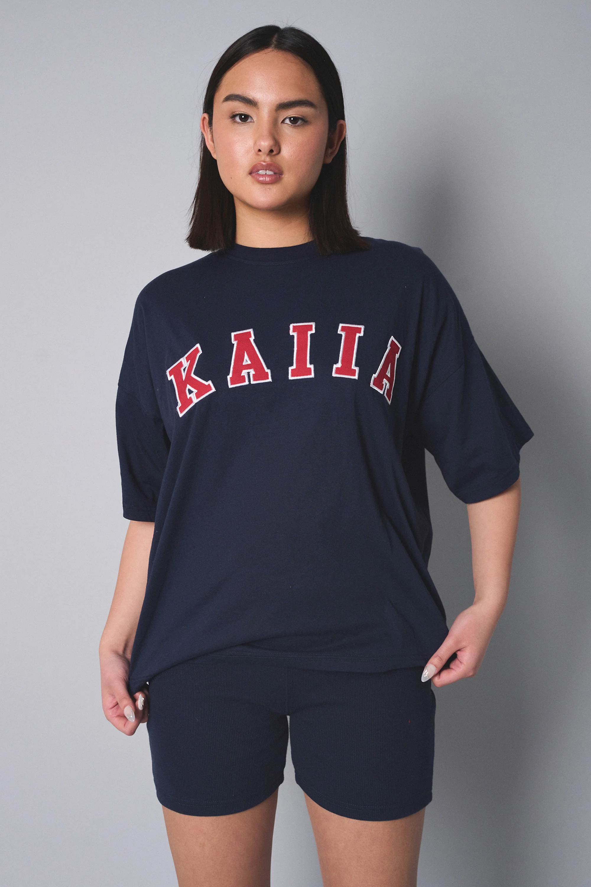 Kaiia Slogan Oversized Top Navy With Red - Image 2