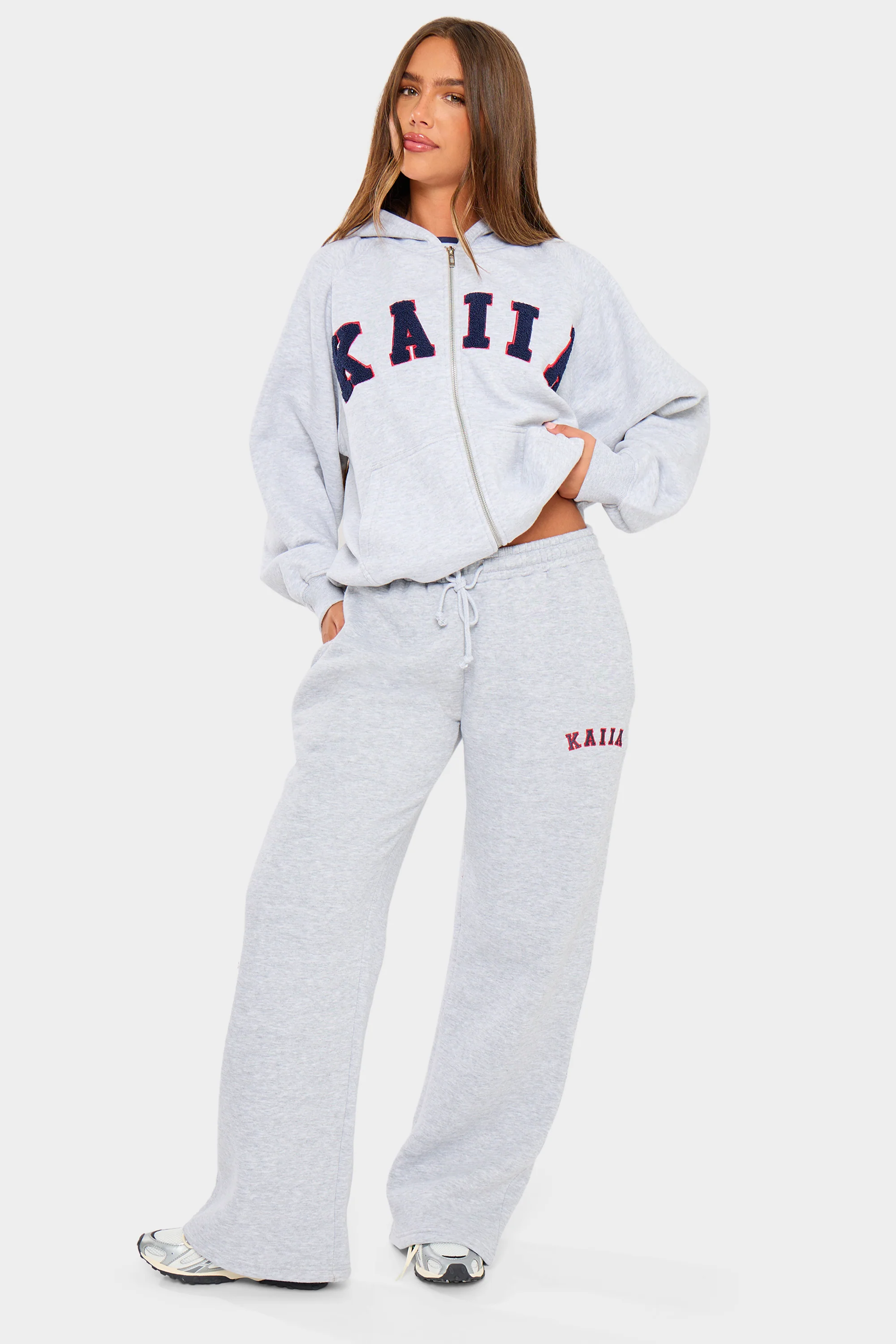 Kaiia Slogan Oversized Zip Through Hoodie Light Grey Marl & Red - Image 3