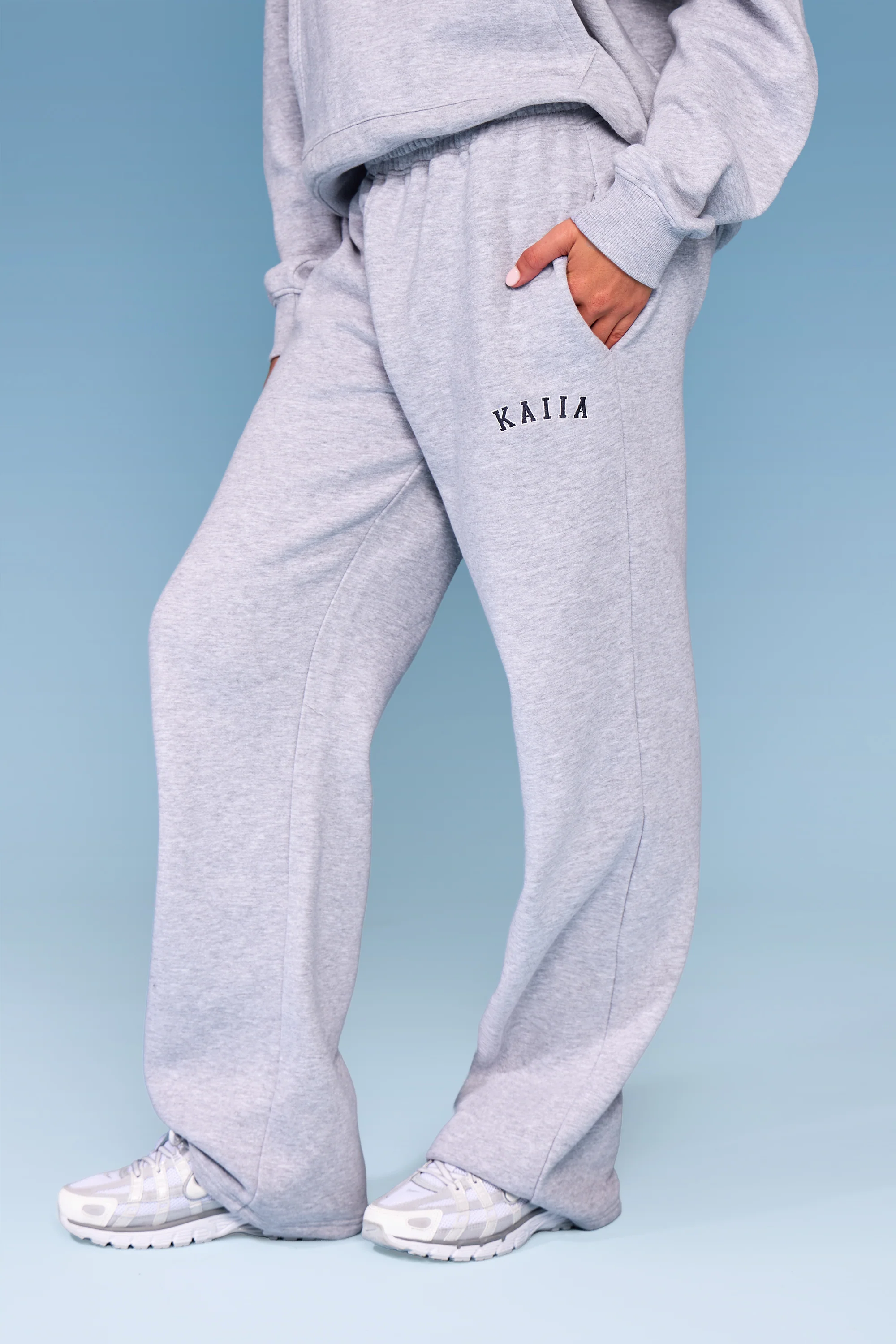 Kaiia Slogan Wide Leg Joggers Mid Grey Marl & Navy - Image 3