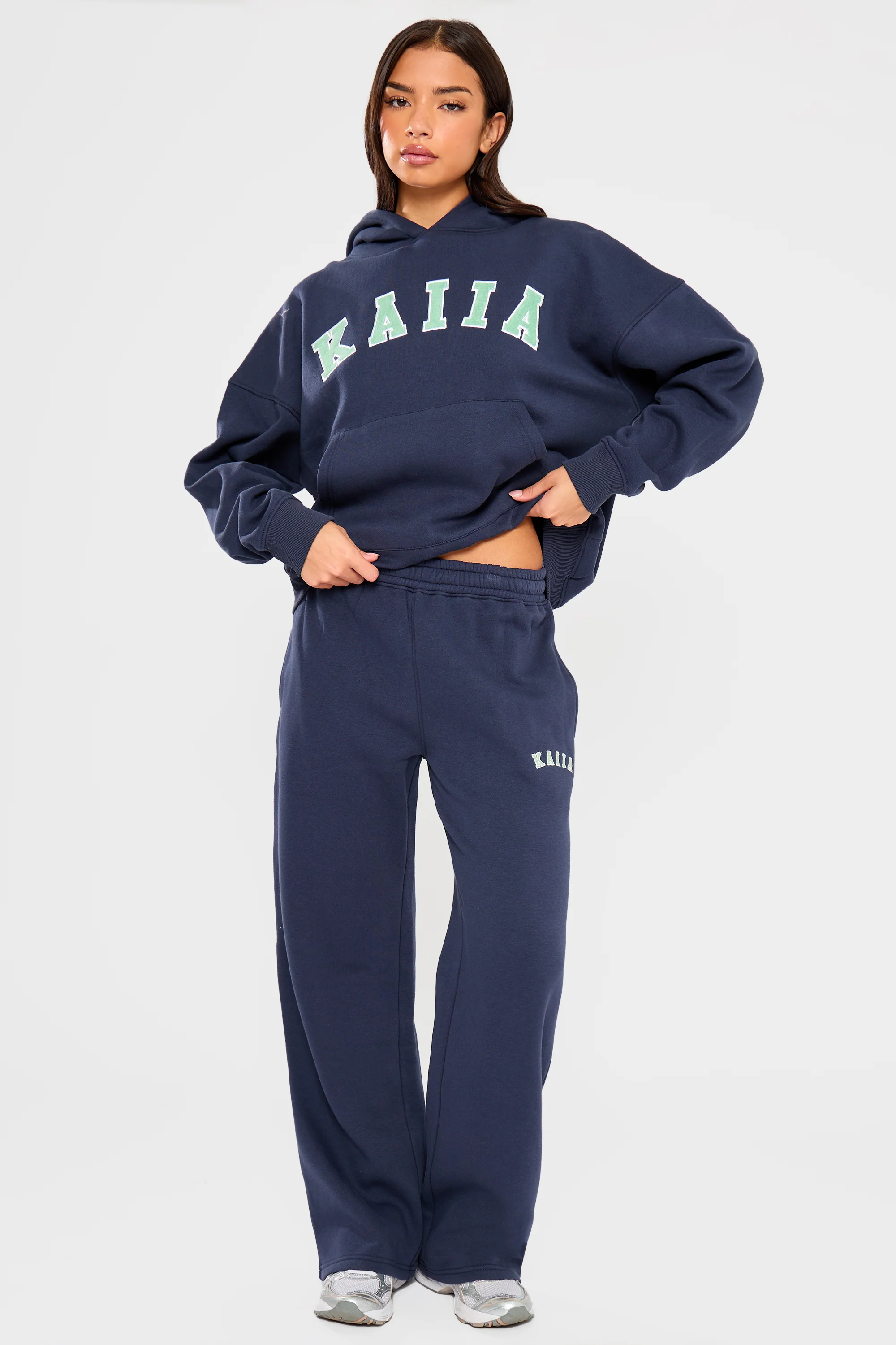 Kaiia Slogan Wide Leg Joggers Navy & Jade Green - Image 2