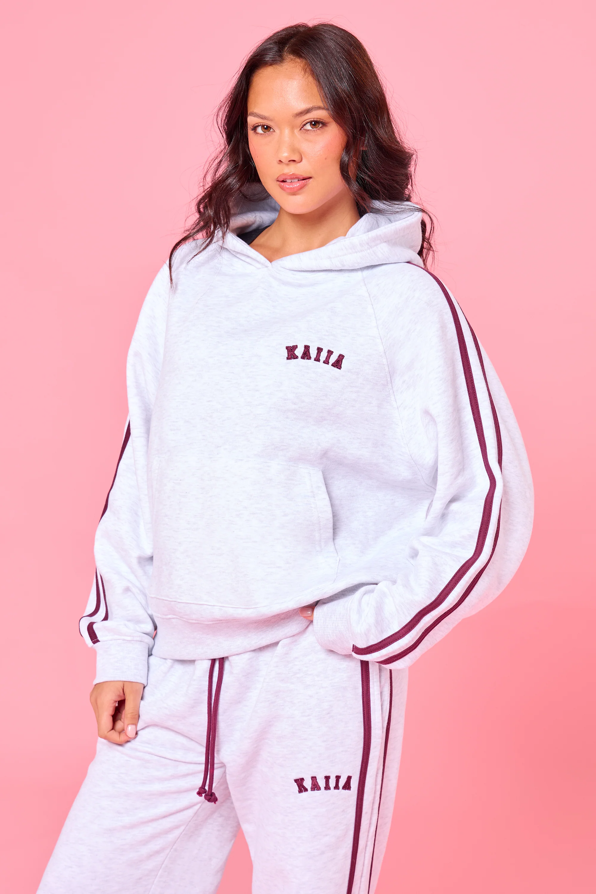 Kaiia Sport Side Stripe Oversized Hoodie Light Grey Marl & Burgundy - Image 5