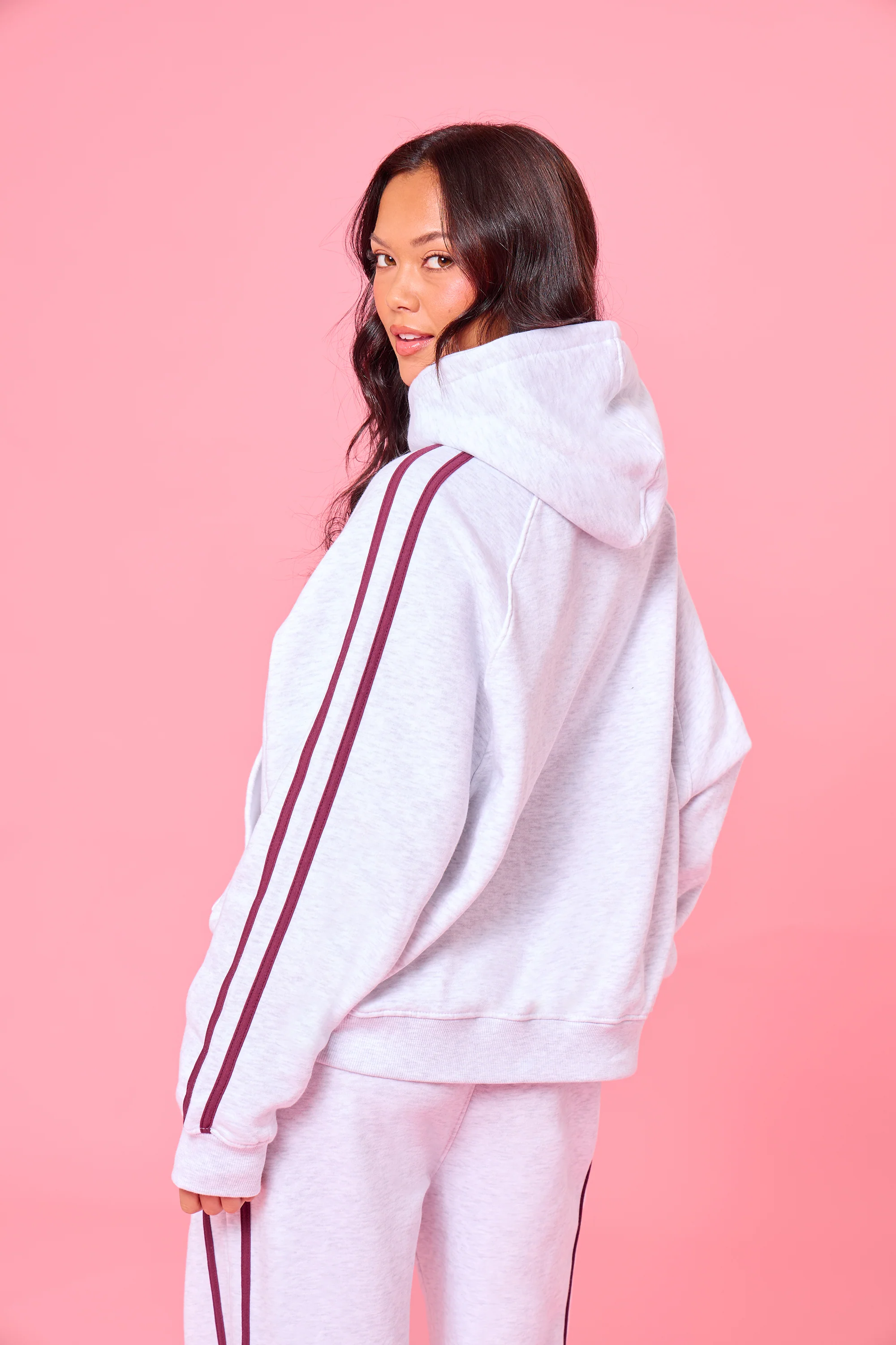 Kaiia Sport Side Stripe Oversized Hoodie Light Grey Marl & Burgundy - Image 8