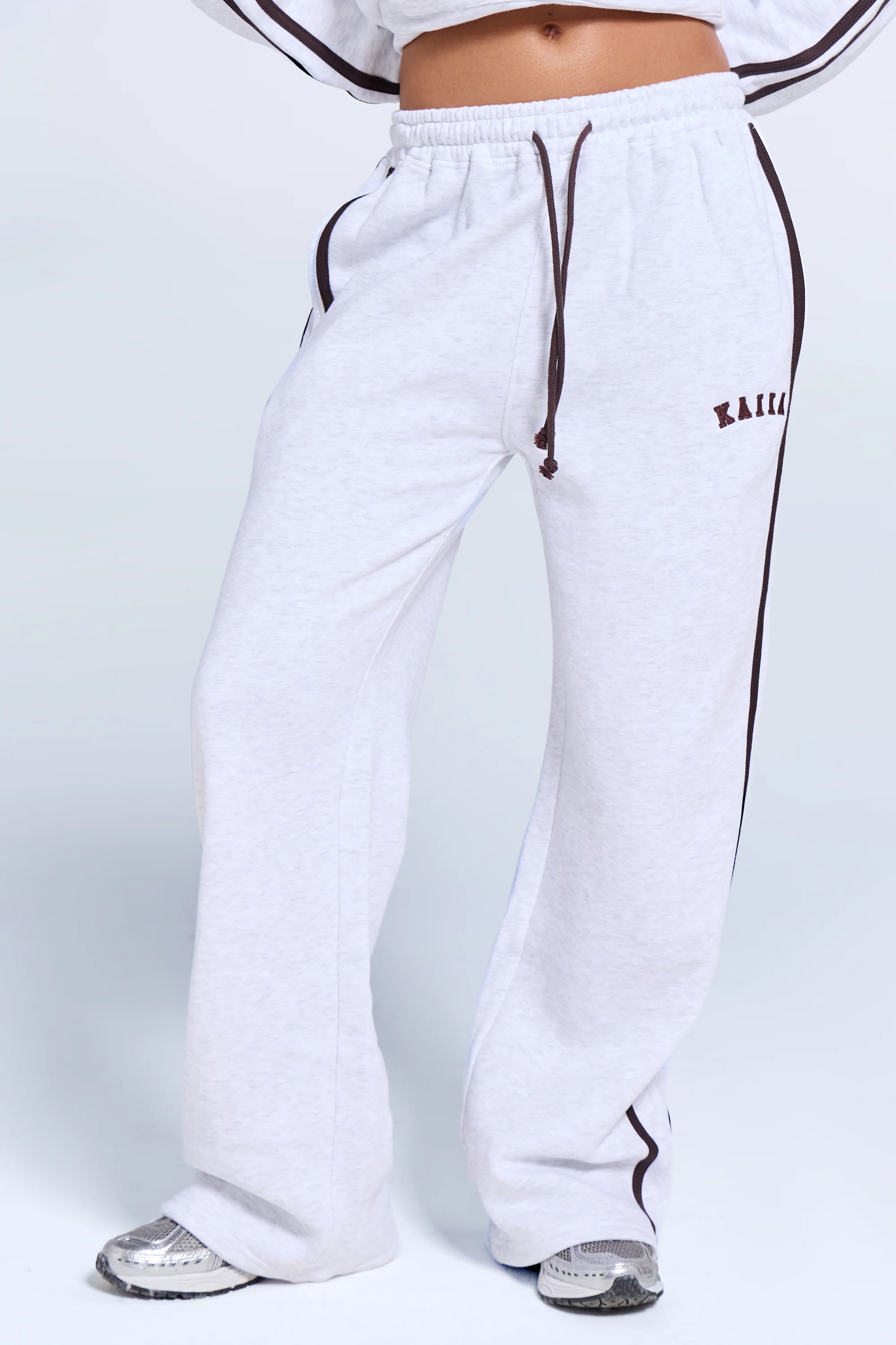 Kaiia Logo Side Stripe Wide Leg Joggers Light Grey Marl & Brown - Image 3