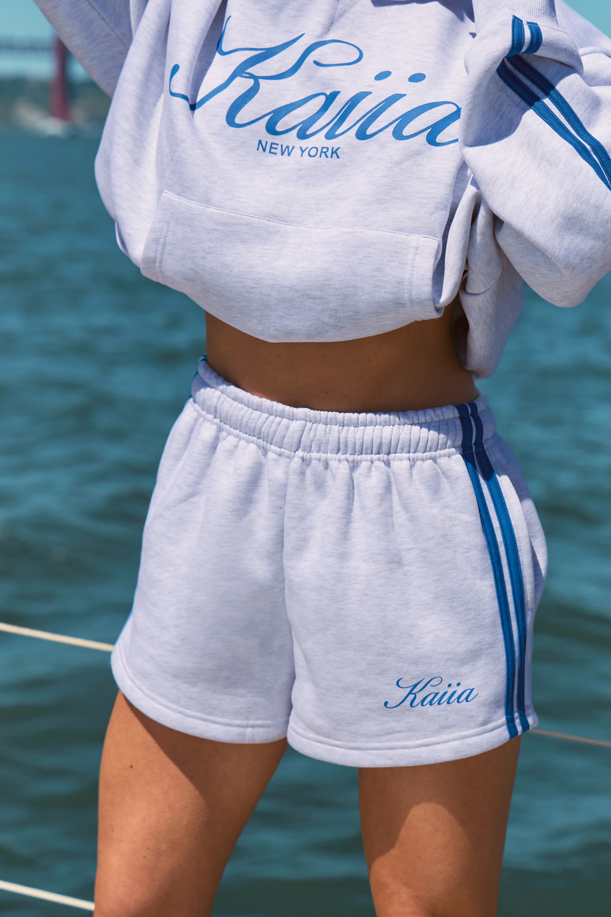 Kaiia Sports Stripe Mini Shorts Light Grey Marl & Broadway Blue - Image 2