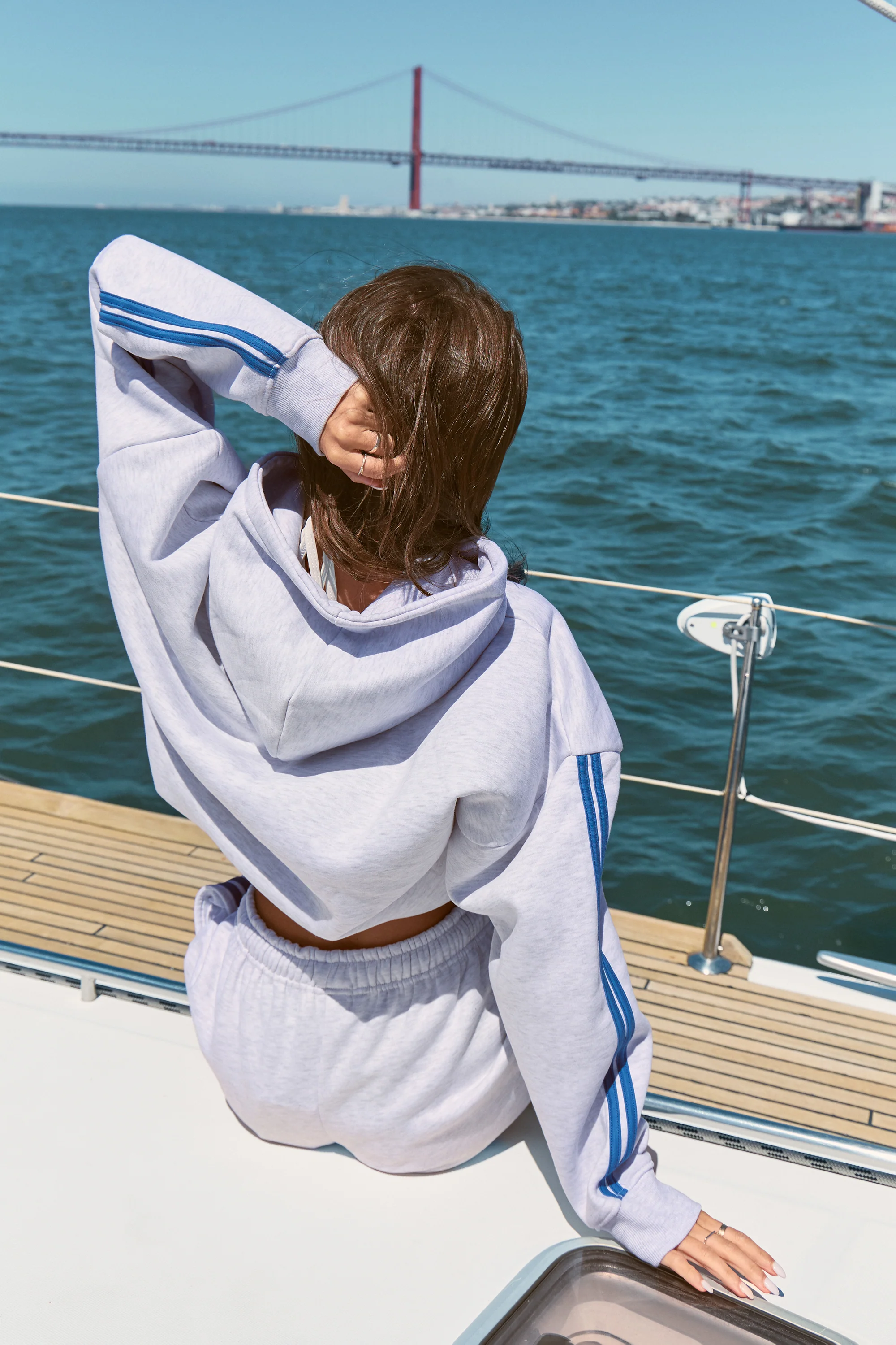 Kaiia Sports Stripe Script Hoodie Light Grey Marl & Broadway Blue - Image 4
