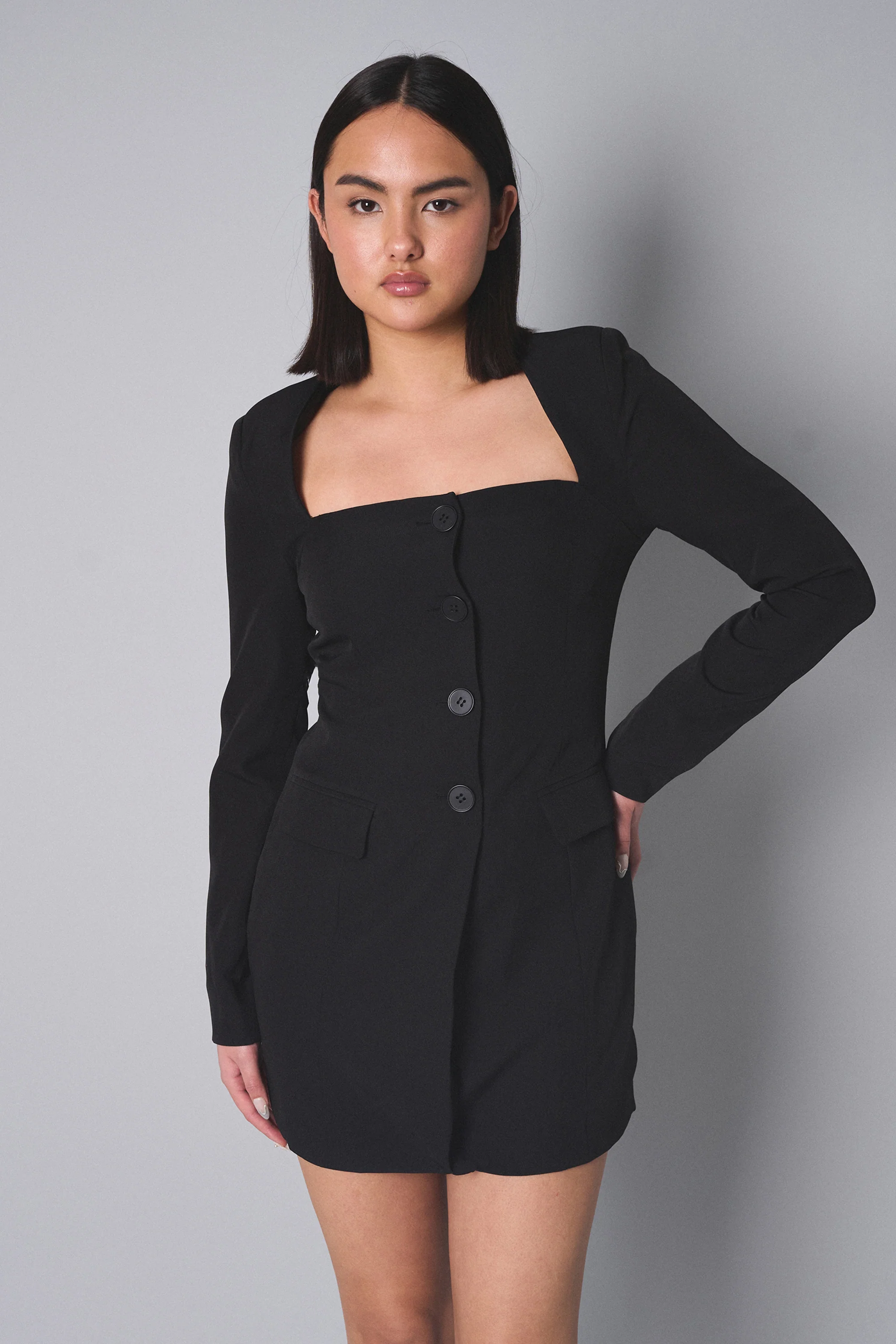 Kaiia Square Neck Long Sleeve Tailored Dress Black - Image 3