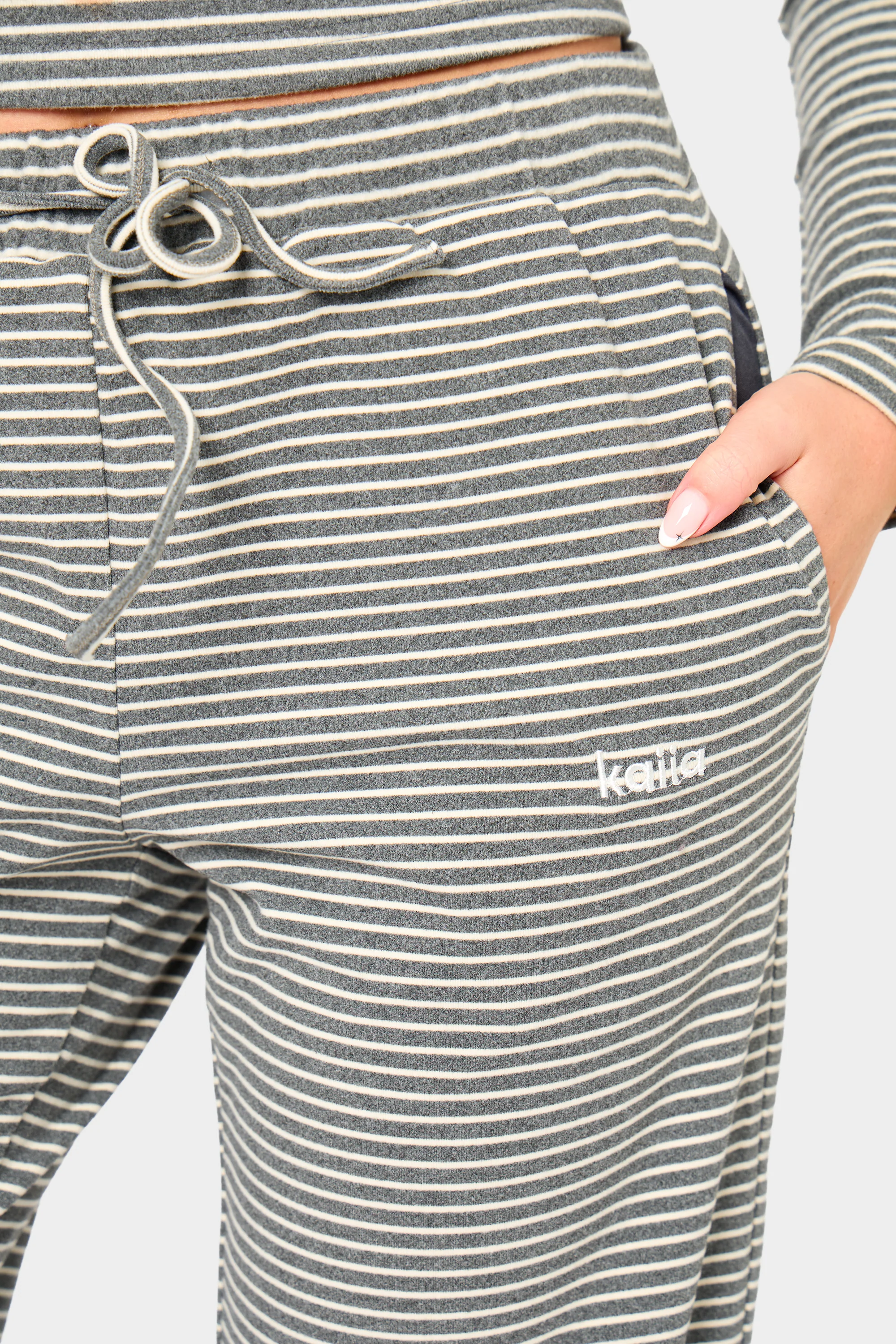 Kaiia Striped Fleece Drawstring Wide Leg Trousers Grey Marl & White - Image 2