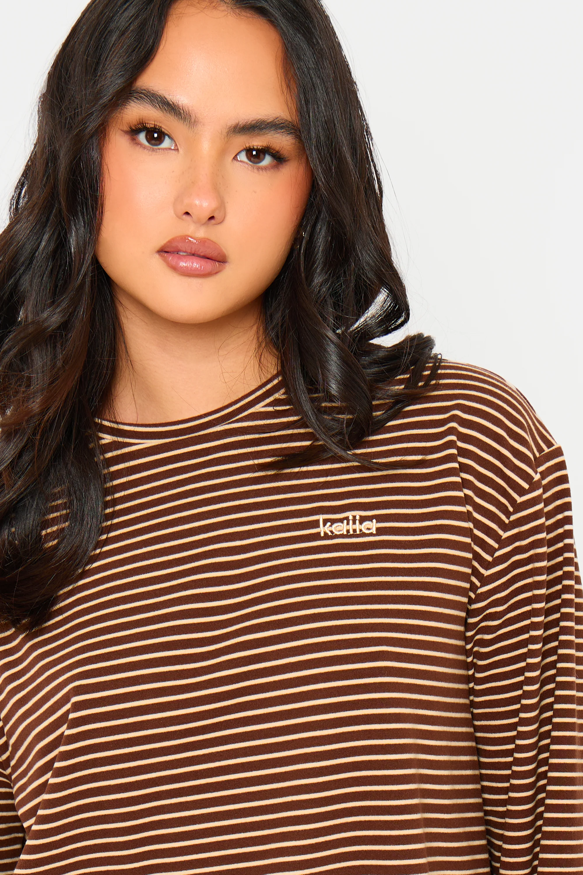Kaiia Striped Fleece Oversized Long Sleeve Top Brown & Cream - Image 2