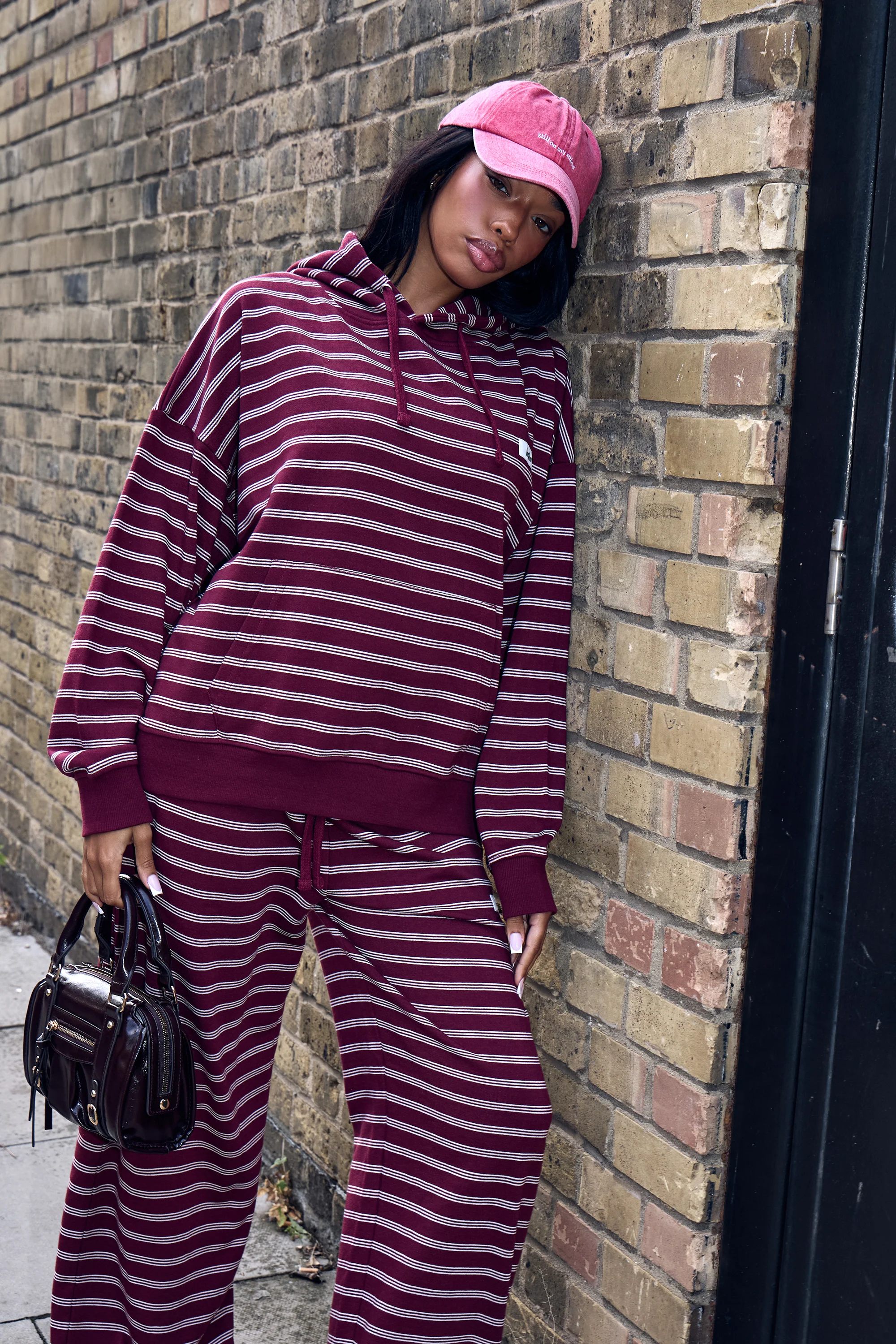 Kaiia Striped Oversized Hoodie Burgundy & Cream