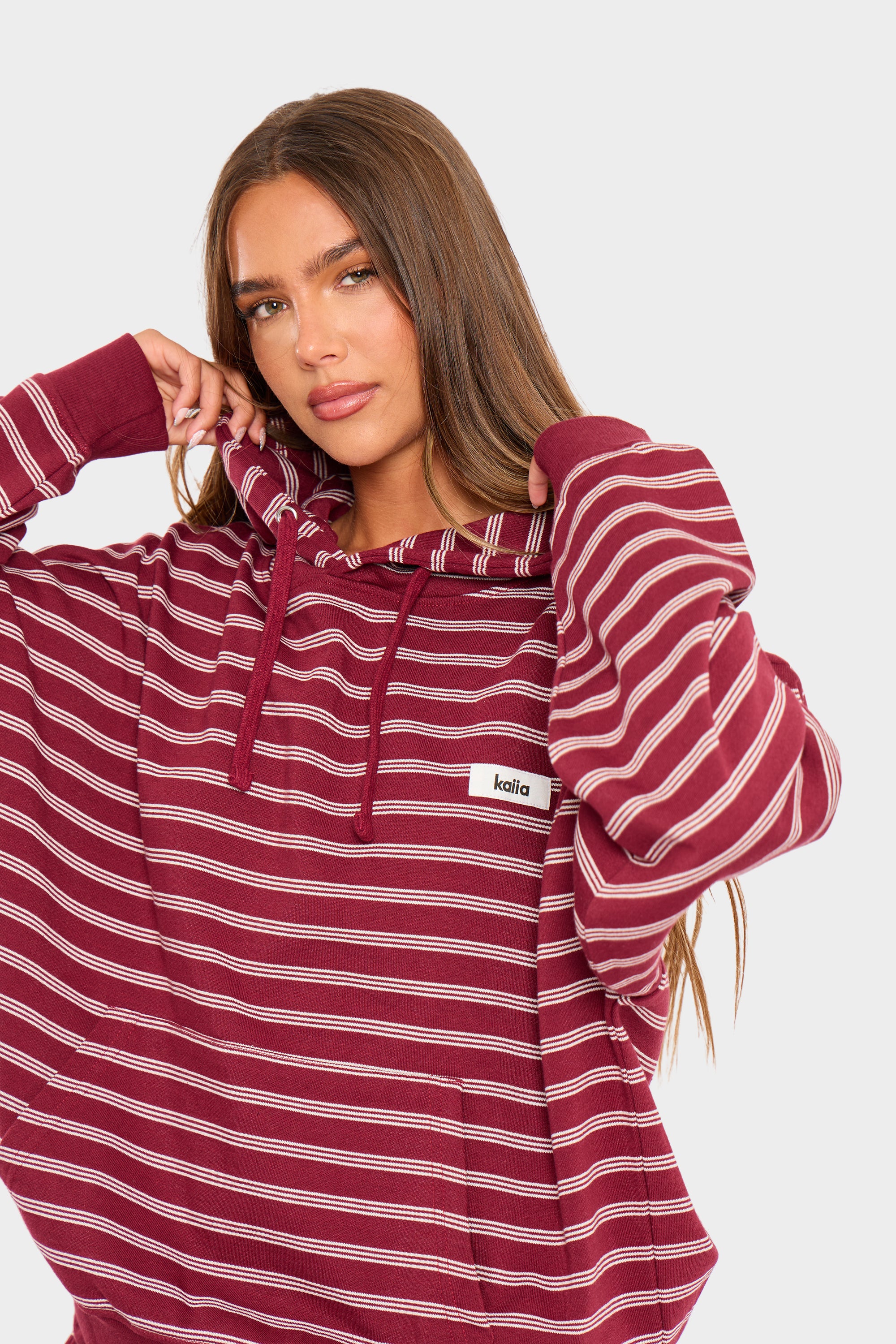 Kaiia Striped Oversized Hoodie Burgundy & Cream - Image 6