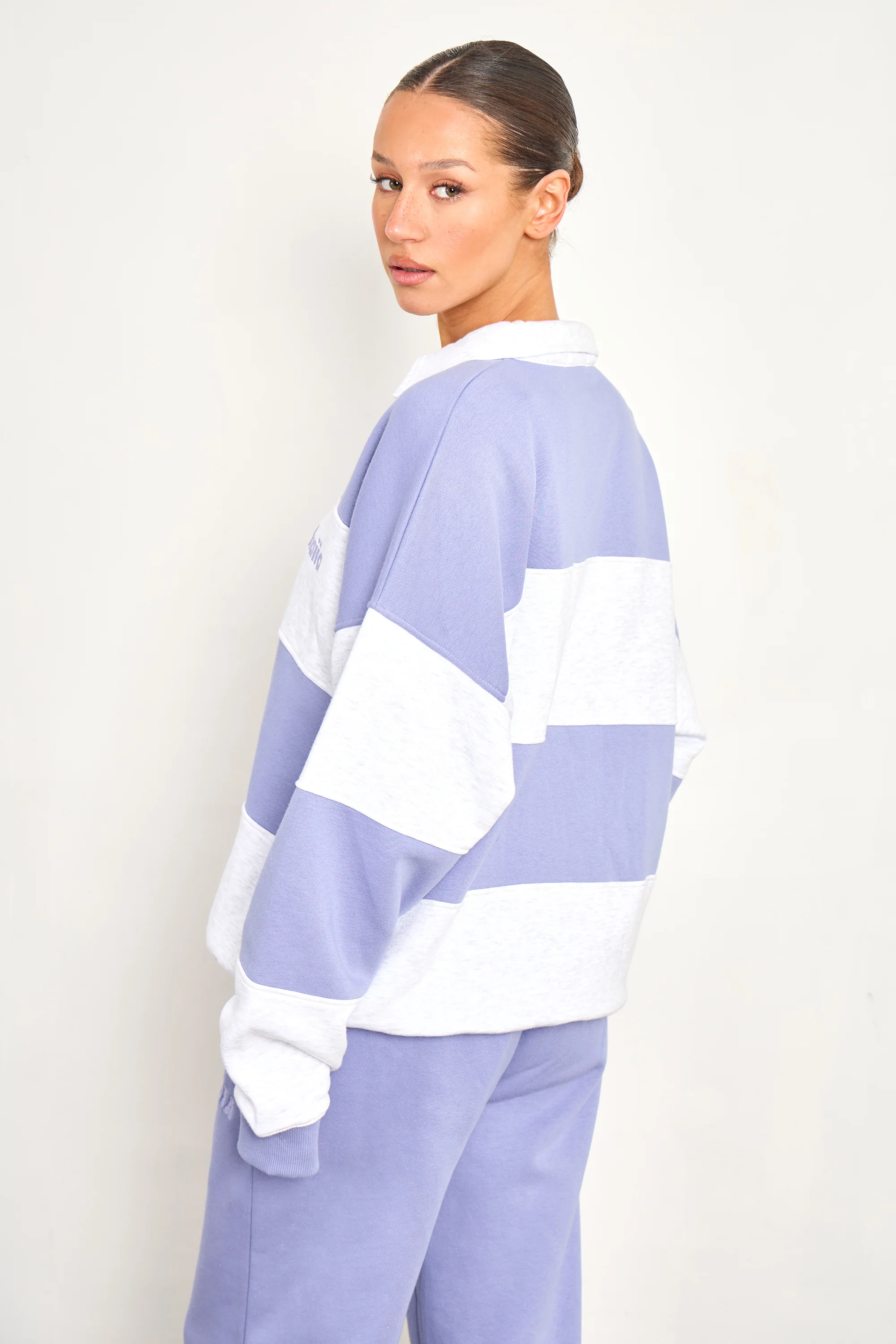 Kaiia Striped Oversized Rugby Sweatshirt Periwinkle Blue & Light Grey Marl - Image 4