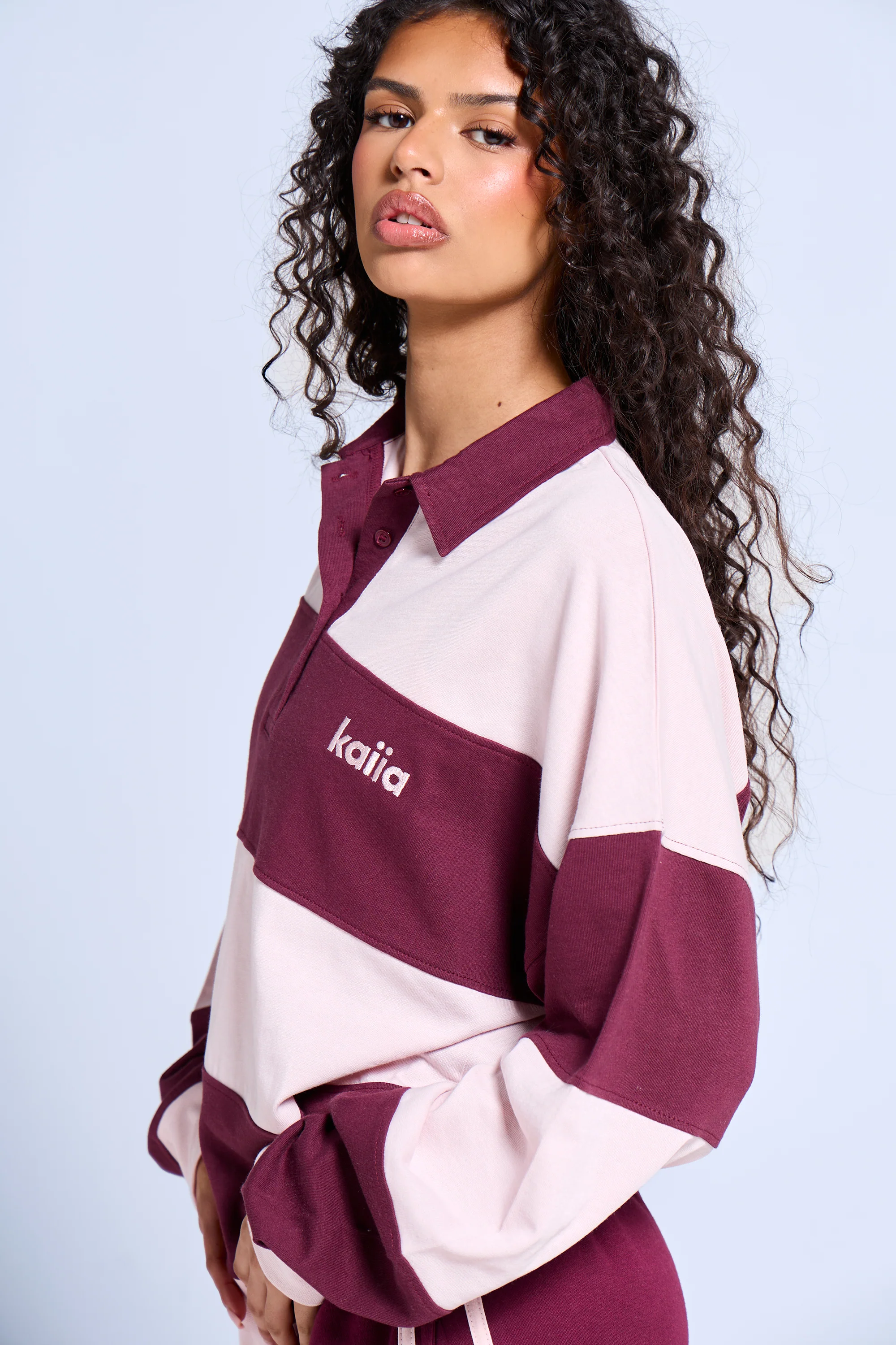 Kaiia Striped Oversized Rugby Style Top Dark Cherry & Pink - Image 2