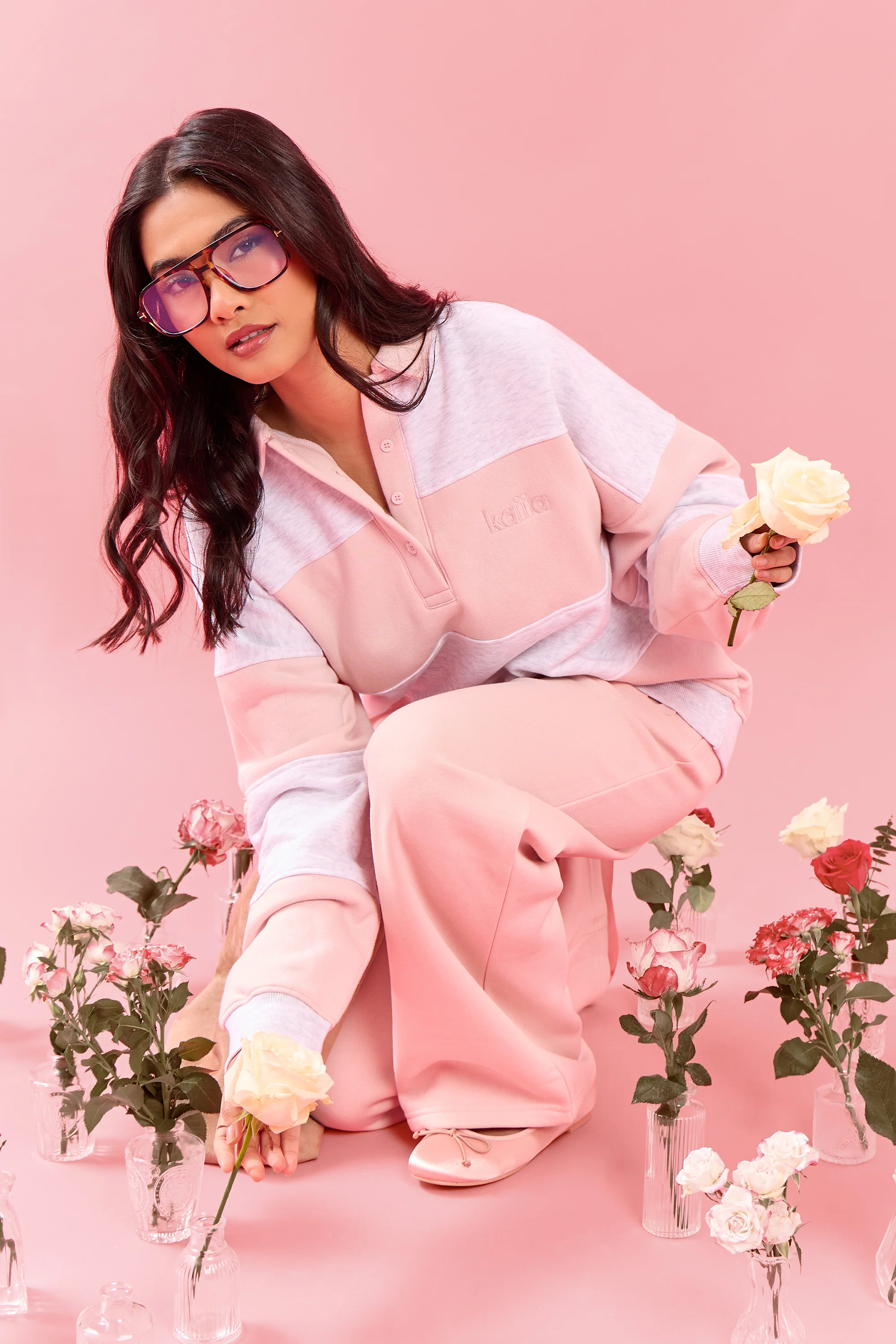 Kaiia Striped Oversized Rugby Sweatshirt Light Grey Marl & Pink Chai - Image 6