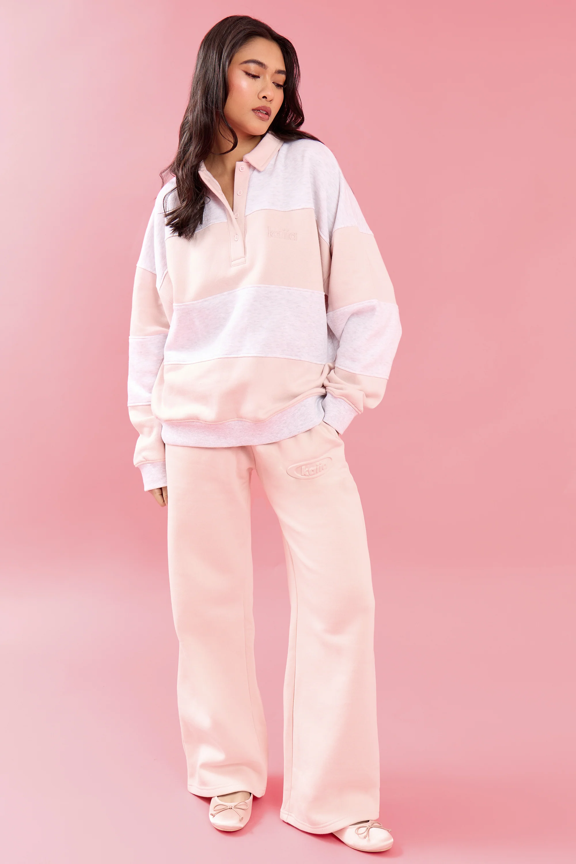 Kaiia Striped Oversized Rugby Sweatshirt Light Grey Marl & Pink Chai - Image 7